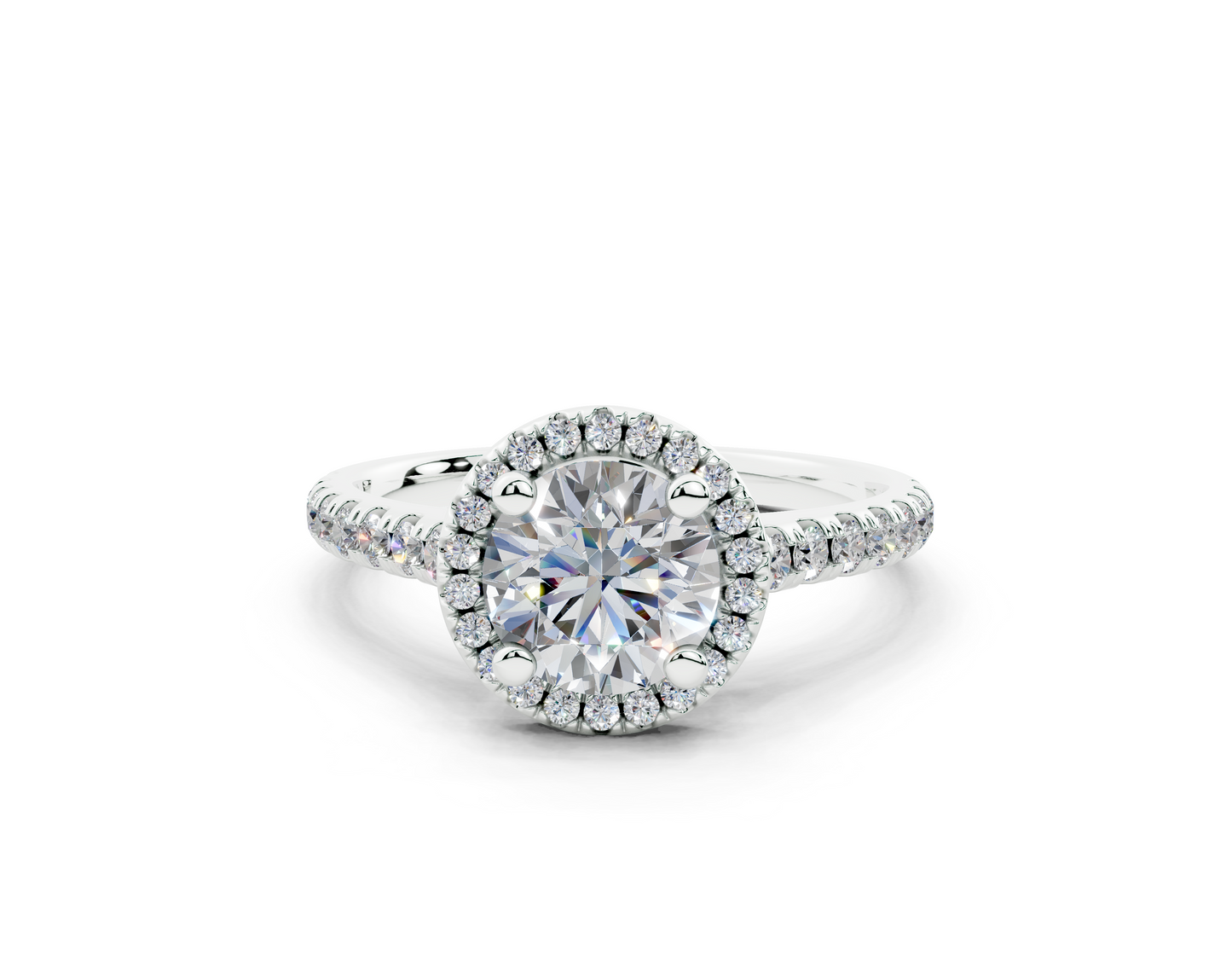 18K Gold Half Pavé Halo and Shank Diamond Engagement Ring 1 Carat