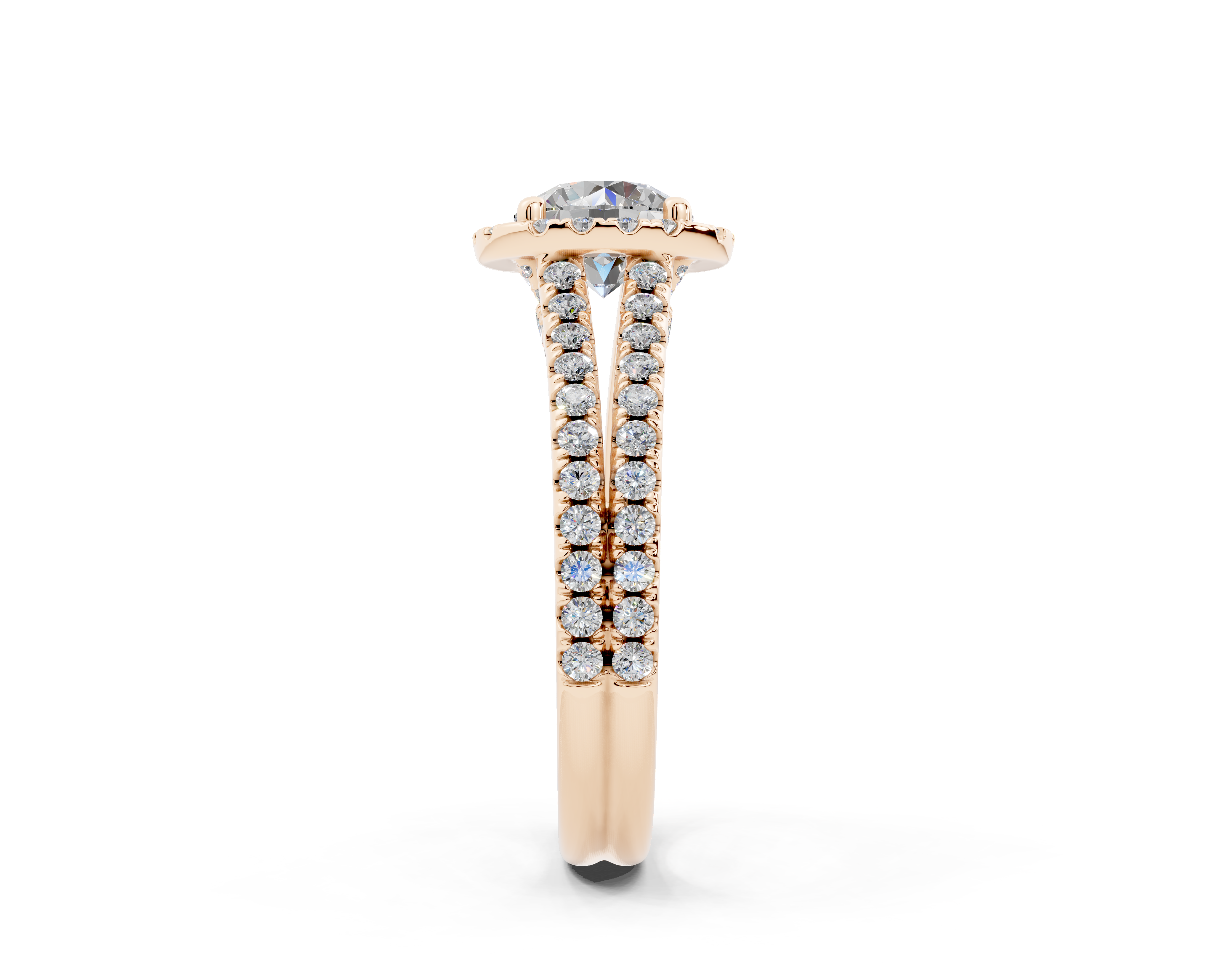 18K Gold Half Pavé Round Split Band Halo Diamond Engagement Ring 1 Carat - Rose Gold#Material_Rose Gold#