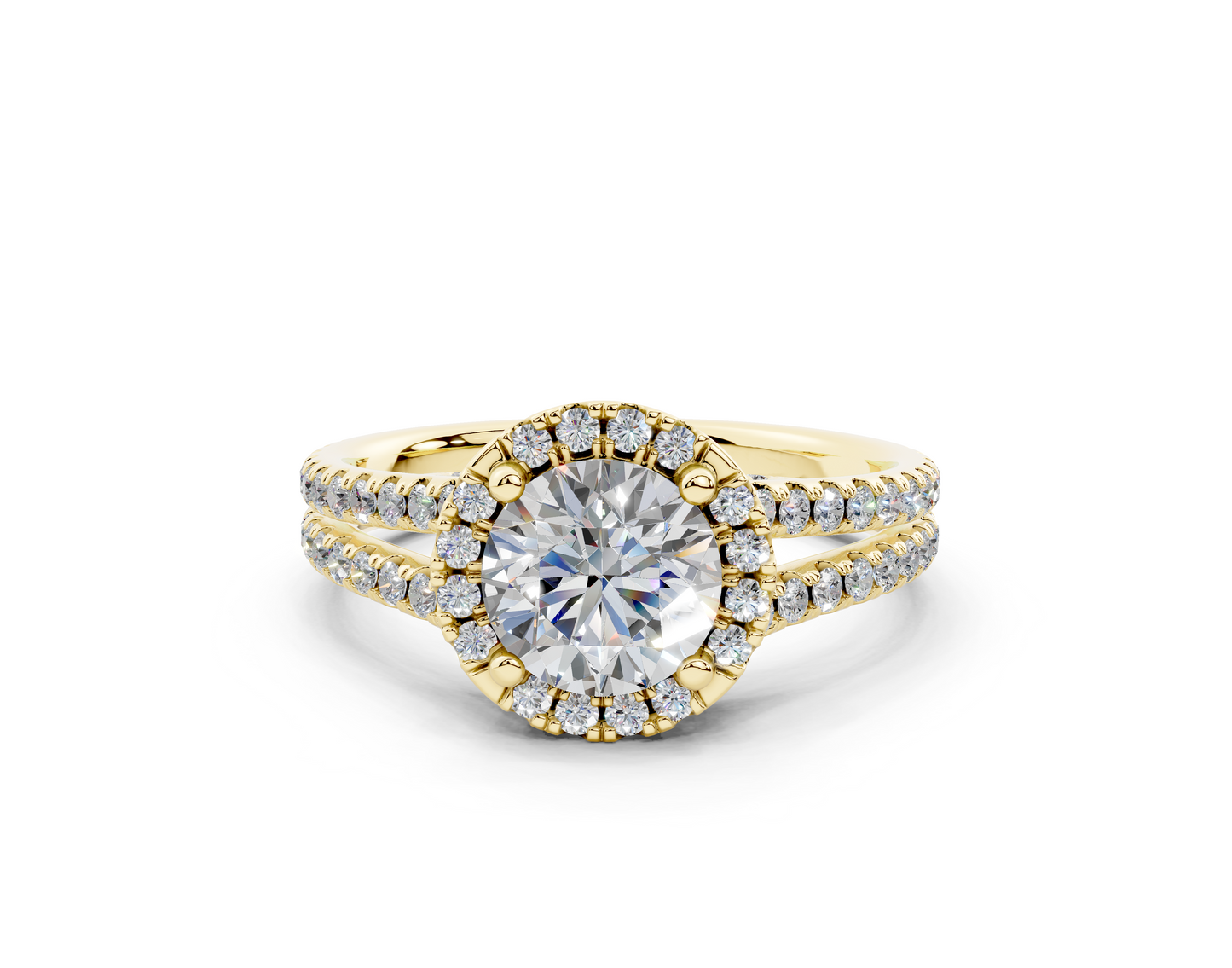 18K Gold Half Pavé Round Split Band Halo Diamond Engagement Ring 1 Carat