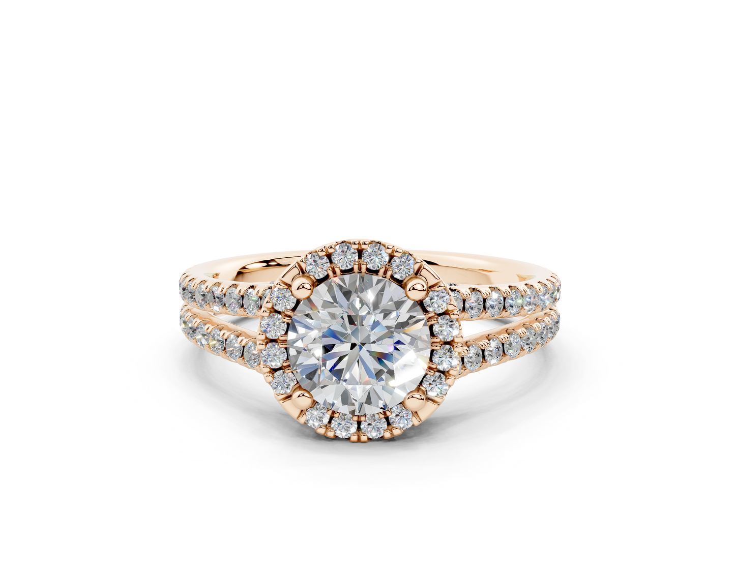 18K Gold Half Pavé Round Split Band Halo Diamond Engagement Ring 1 Carat