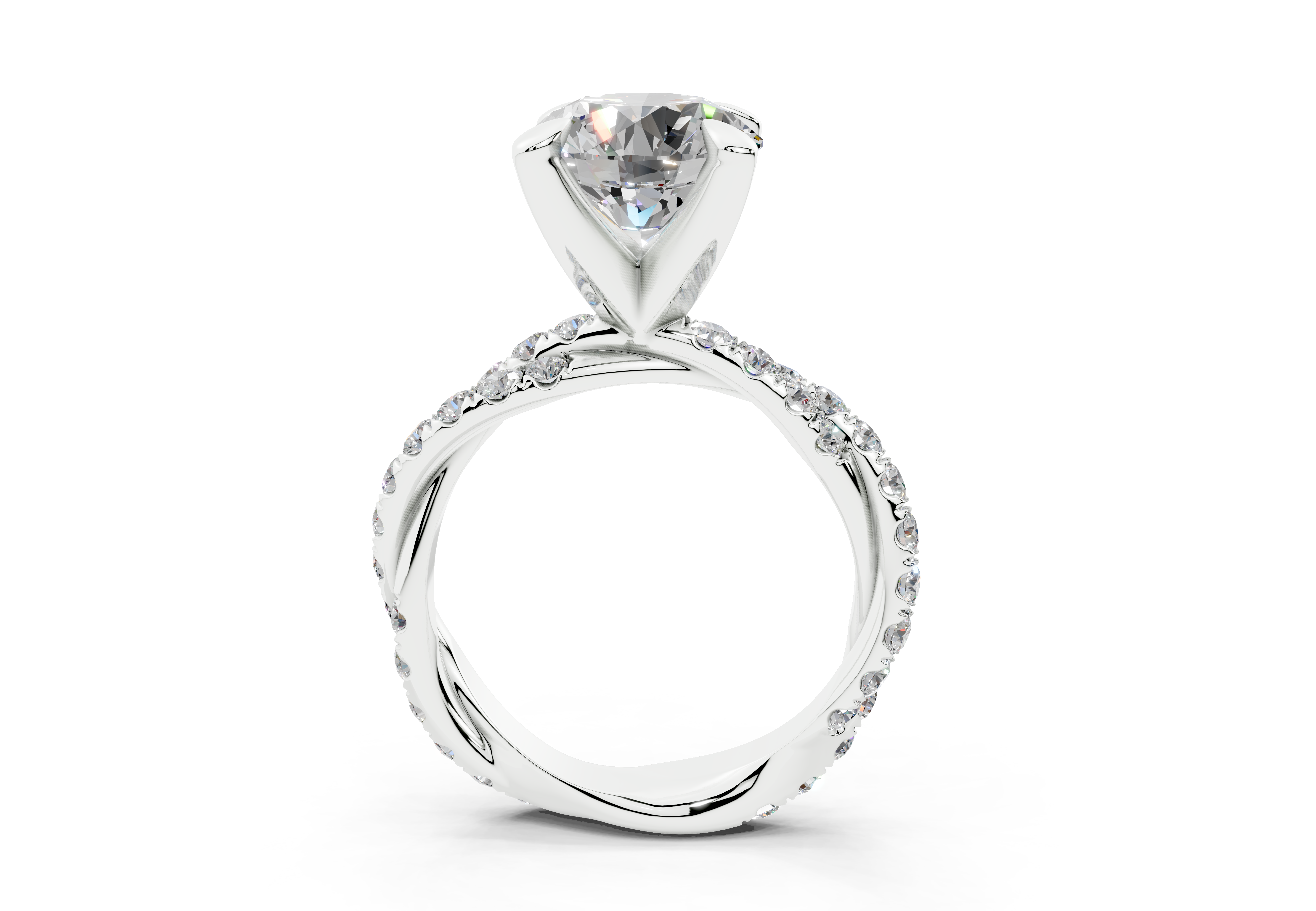 18K Gold Half Pavé Twisted Diamond Engagement Ring 3 Carat - White Gold#Material_White Gold#