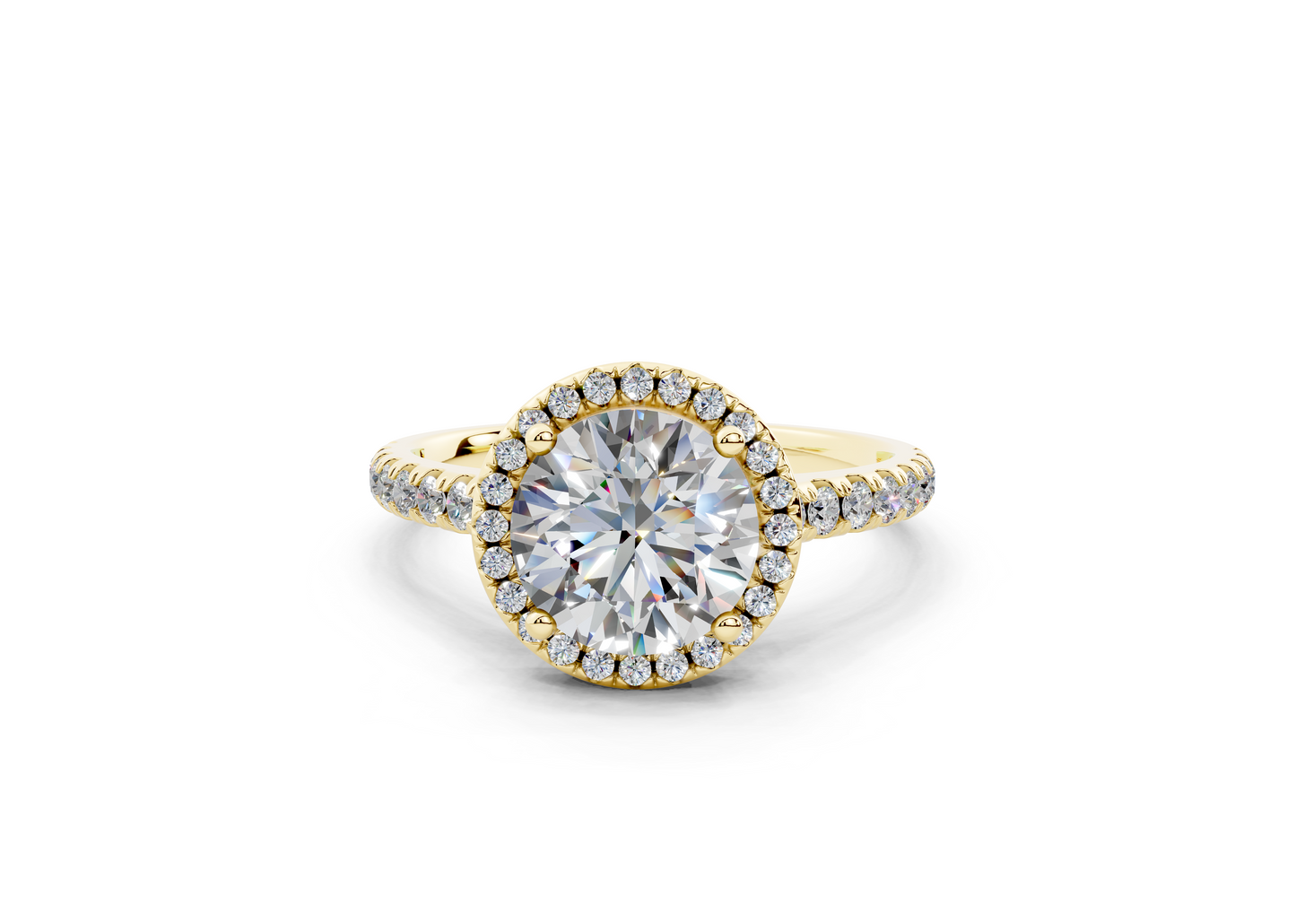 18K Gold Half Pavé Halo and Shank Diamond Engagement Ring 1.5 Carat