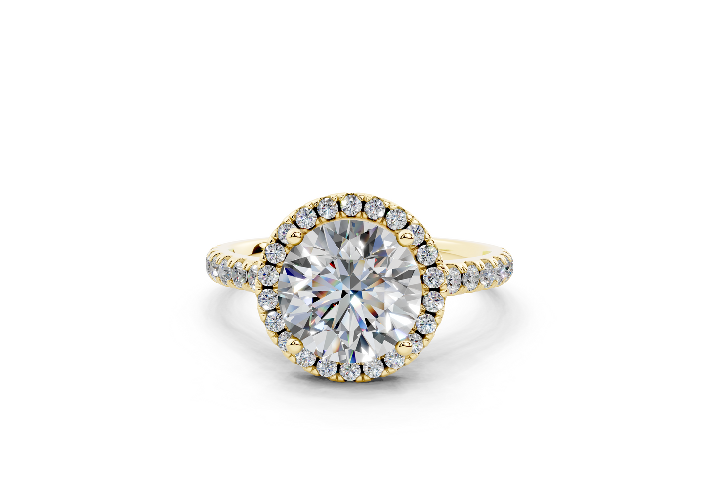 18K Gold Half Pavé Halo and Shank Diamond Engagement Ring 2 Carat