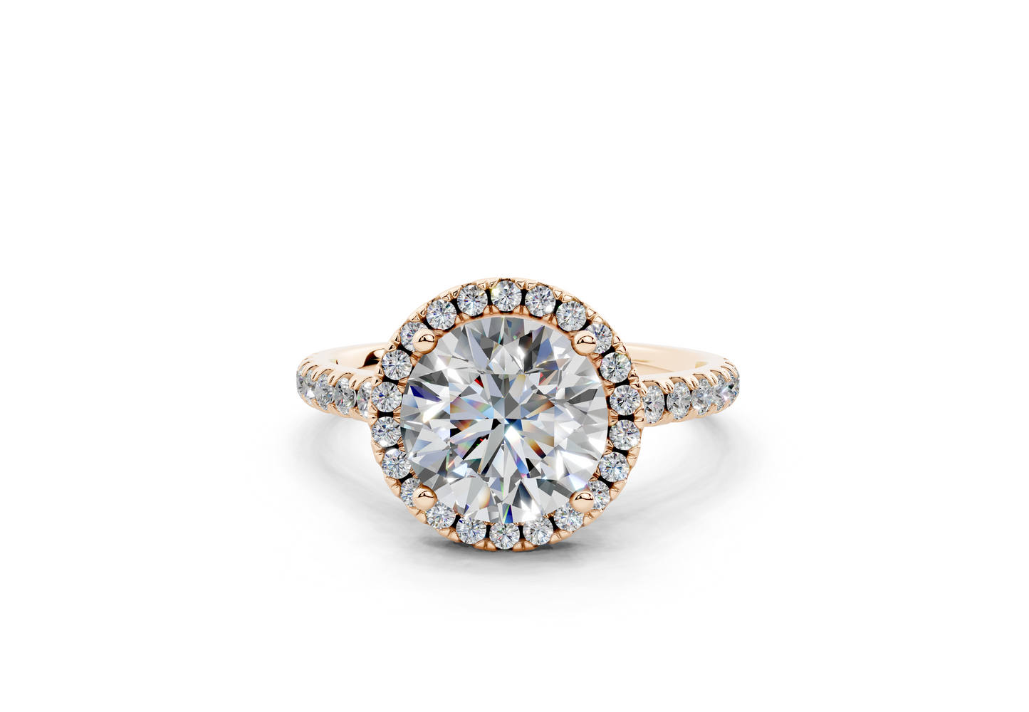 18K Gold Half Pavé Halo and Shank Diamond Engagement Ring 2 Carat