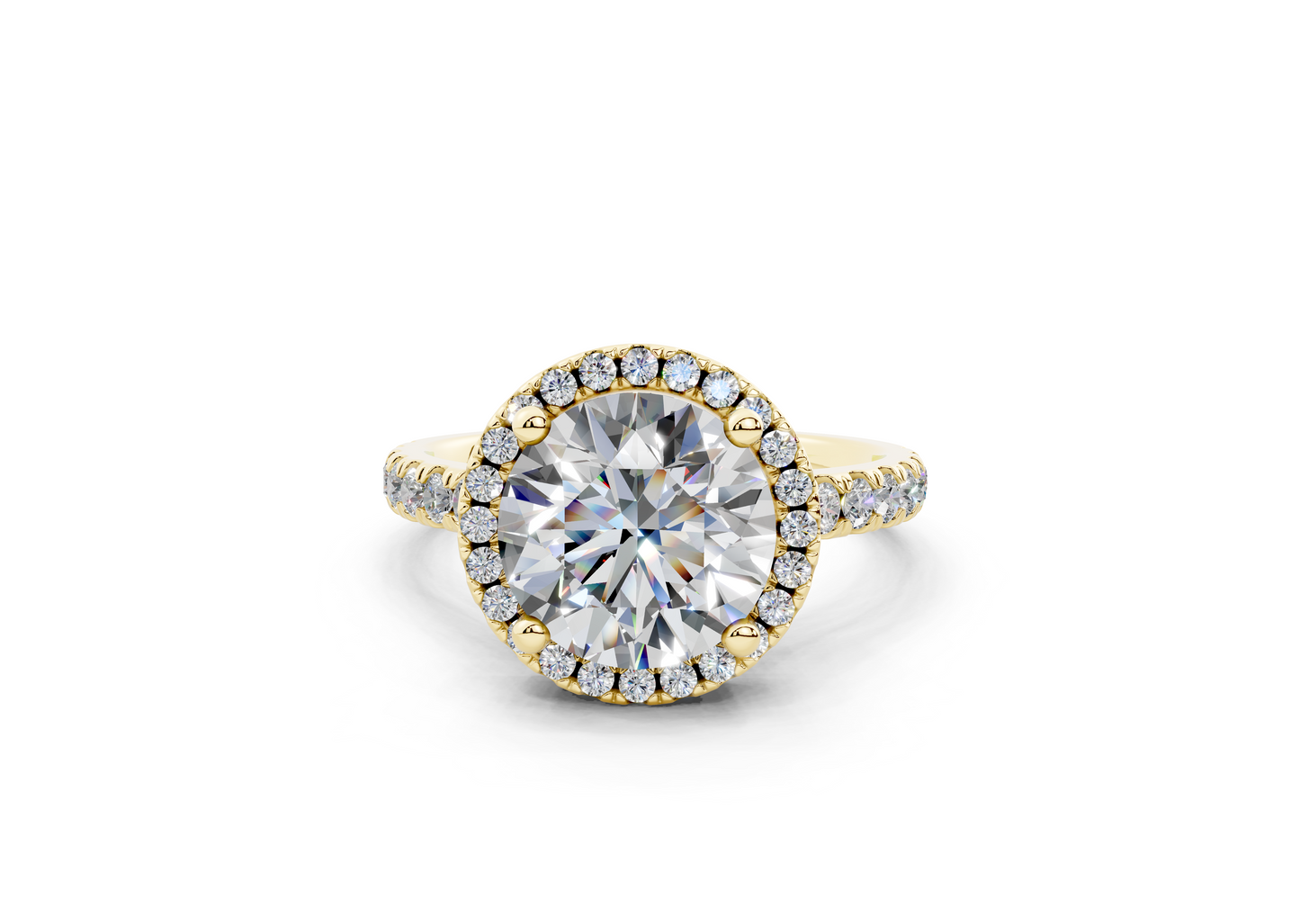 18K Gold Half Pavé Halo and Shank Diamond Engagement Ring 2.5 Carat
