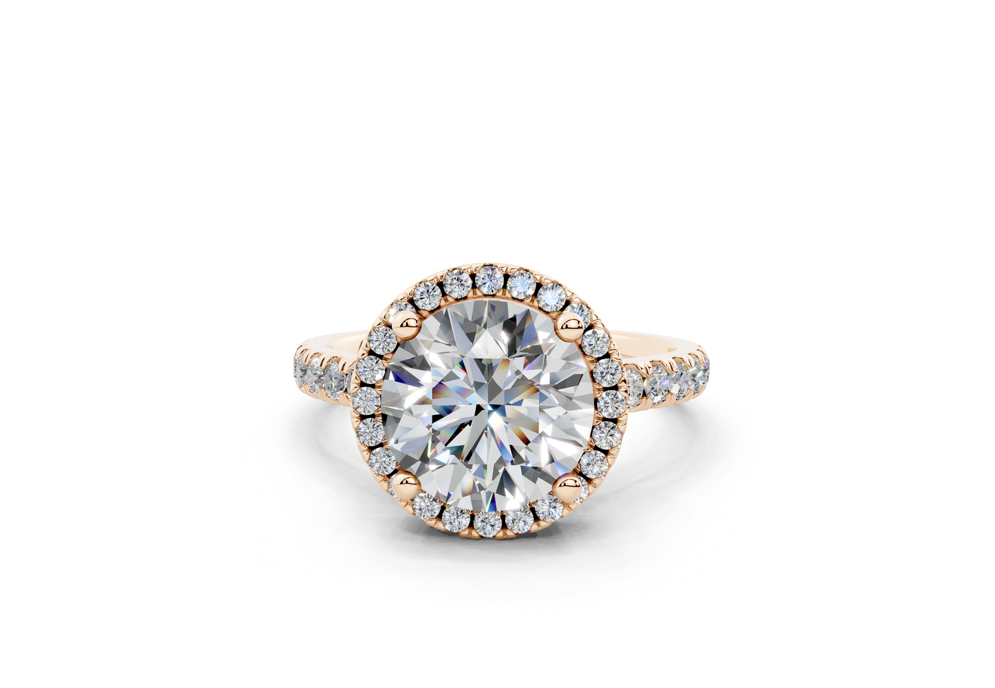 18K Gold Half Pavé Halo and Shank Diamond Engagement Ring 2.5 Carat