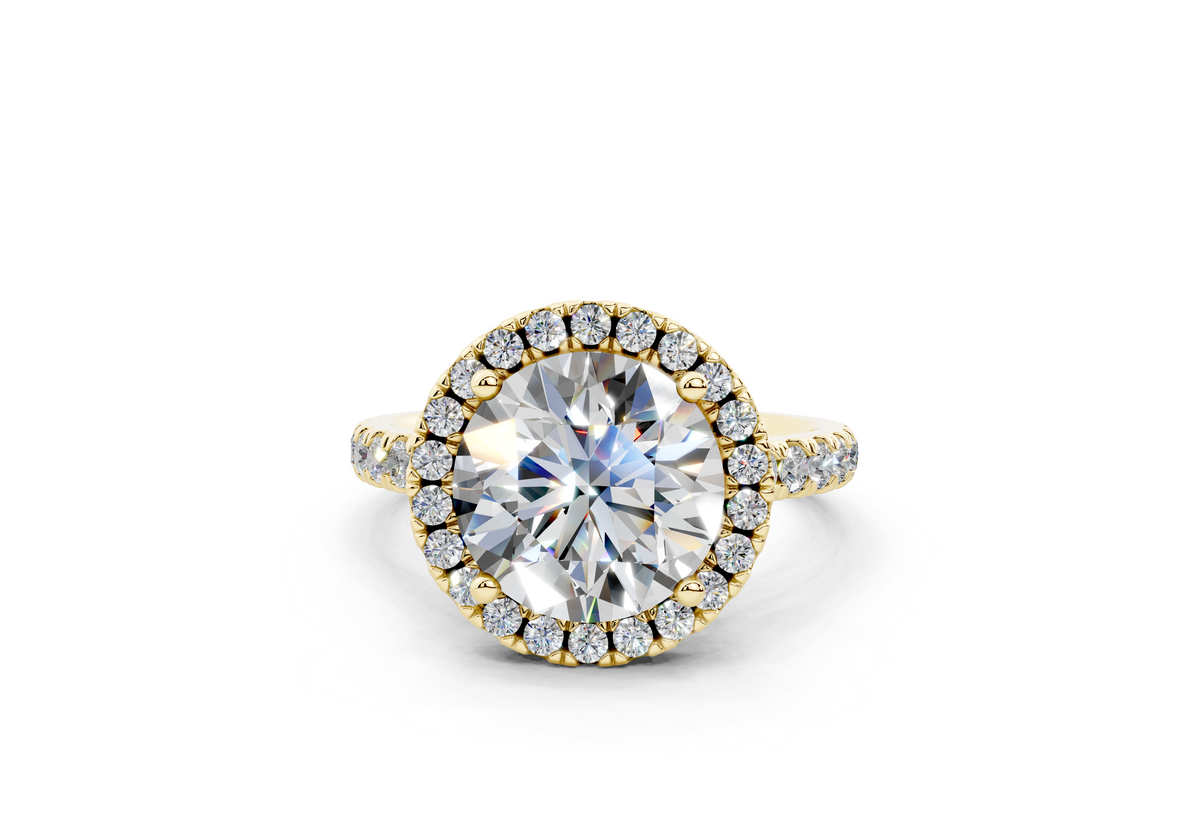 18K Gold Half Pavé Halo and Shank Diamond Engagement Ring 3 Carat - Yellow Gold#Material_Yellow Gold#