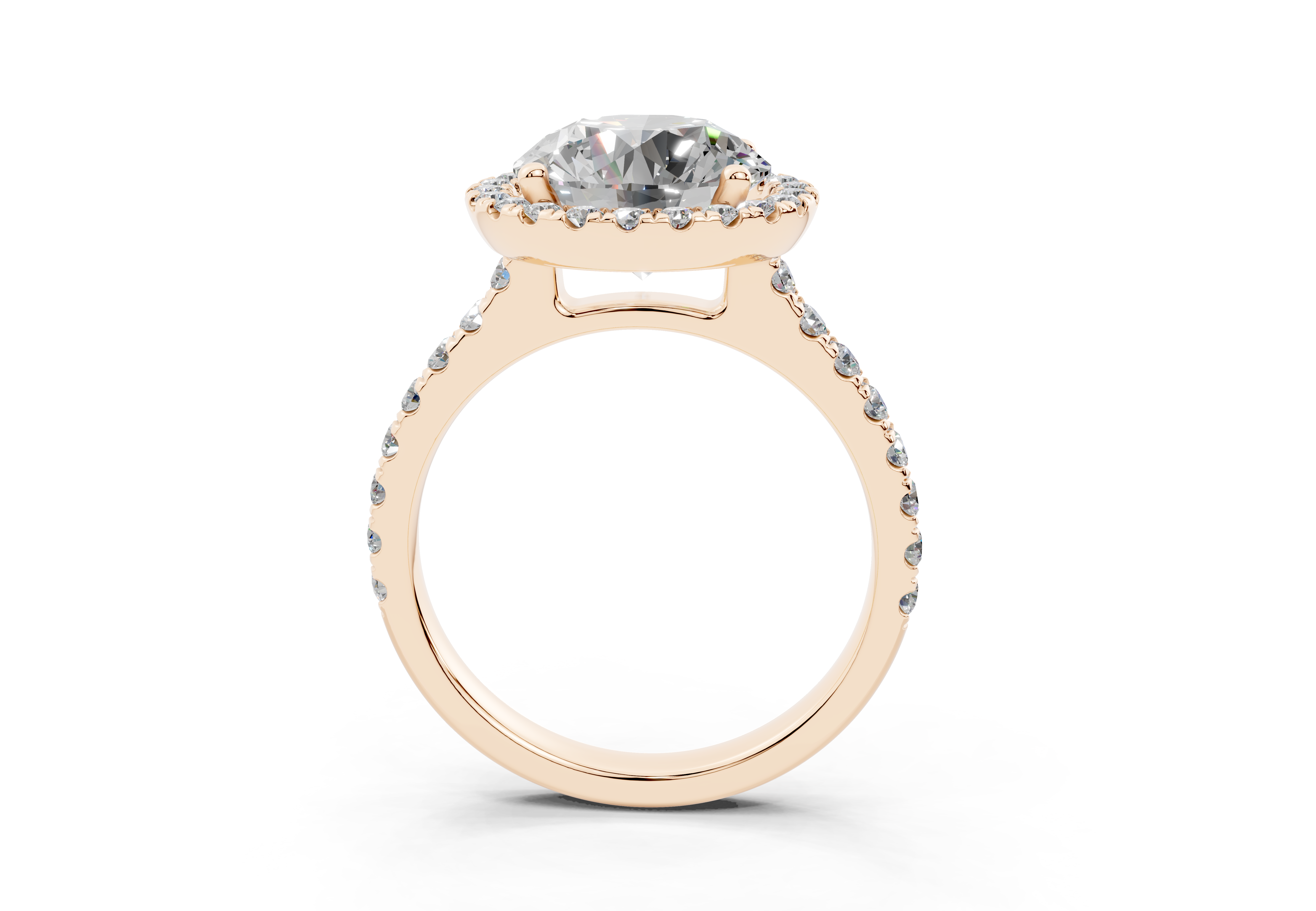 18K Gold Half Pavé Halo and Shank Diamond Engagement Ring 3 Carat - Rose Gold#Material_Rose Gold#