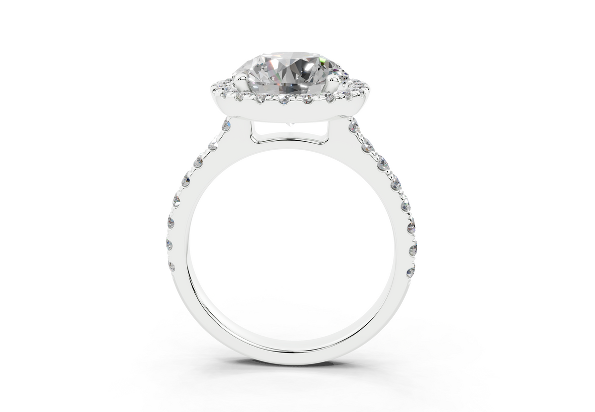 18K Gold Half Pavé Halo and Shank Diamond Engagement Ring 3 Carat - White Gold#Material_White Gold#