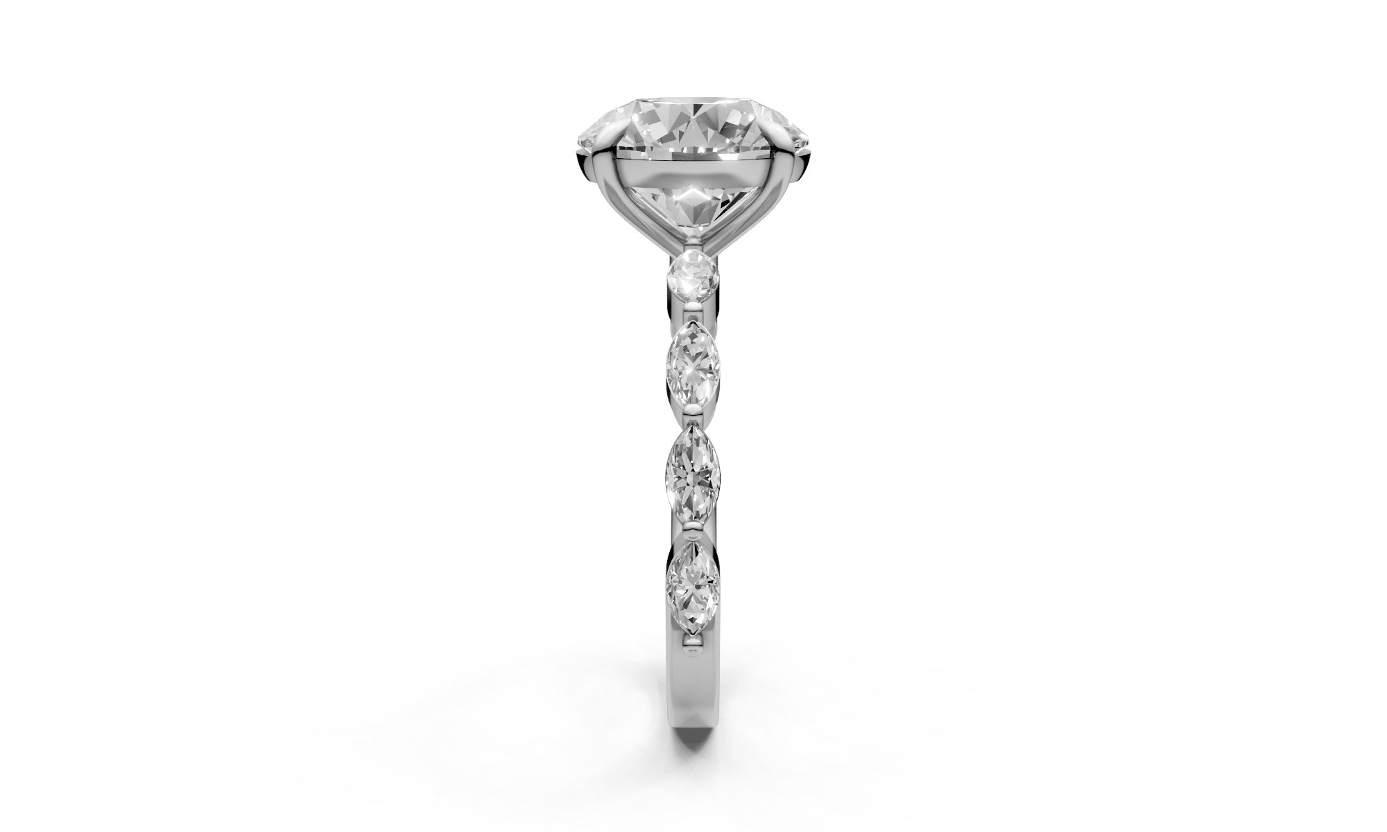 3ct Round Lab Grown Diamond Ring with Half Pavé & Marquise Sides – 18k White Gold, IGI Certified