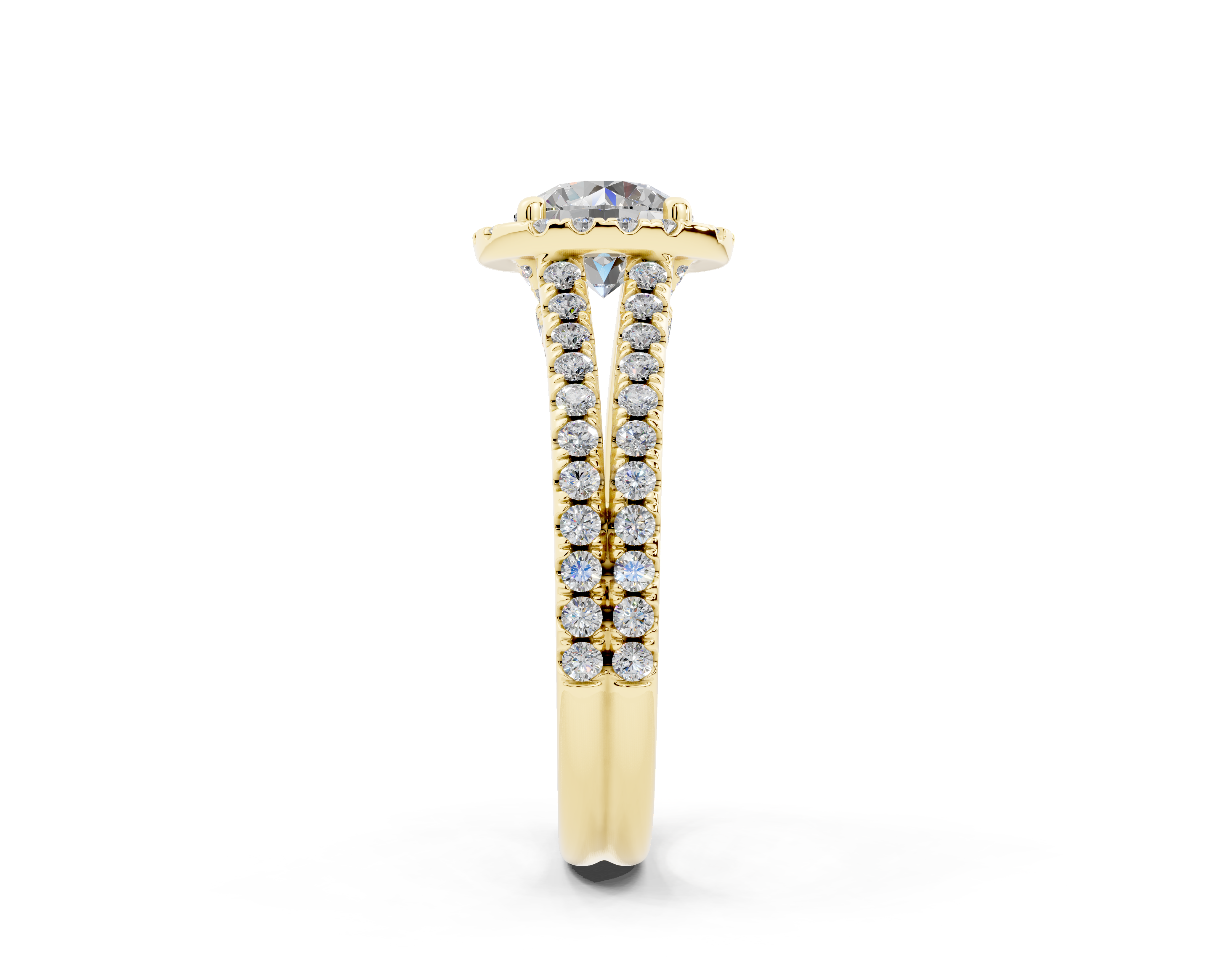 18K Gold Half Pavé Round Split Band Halo Diamond Engagement Ring 1 Carat - Yellow Gold#Material_Yellow Gold#