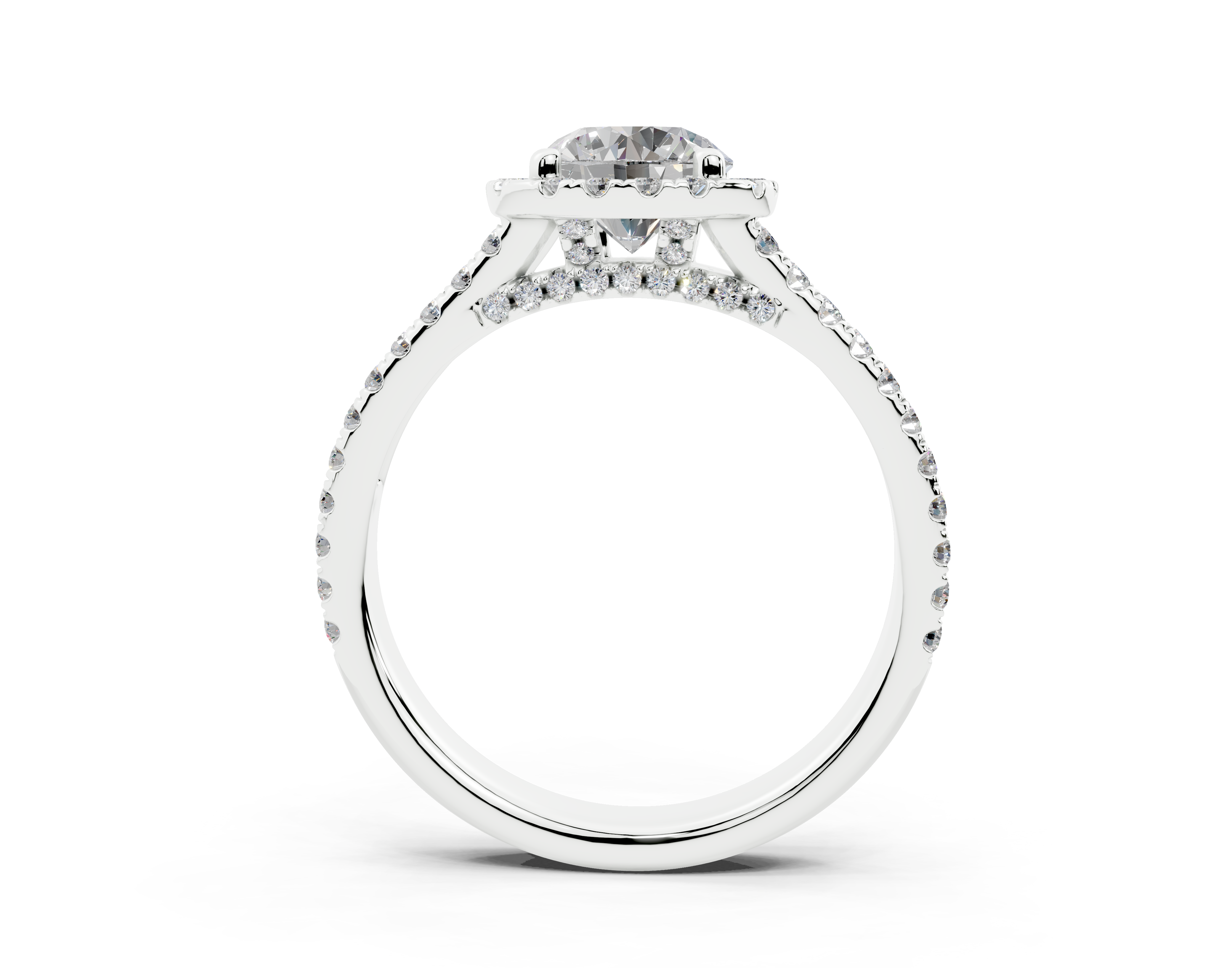 18K Gold Half Pavé Round Split Band Halo Diamond Engagement Ring 1 Carat - White Gold#Material_White Gold#