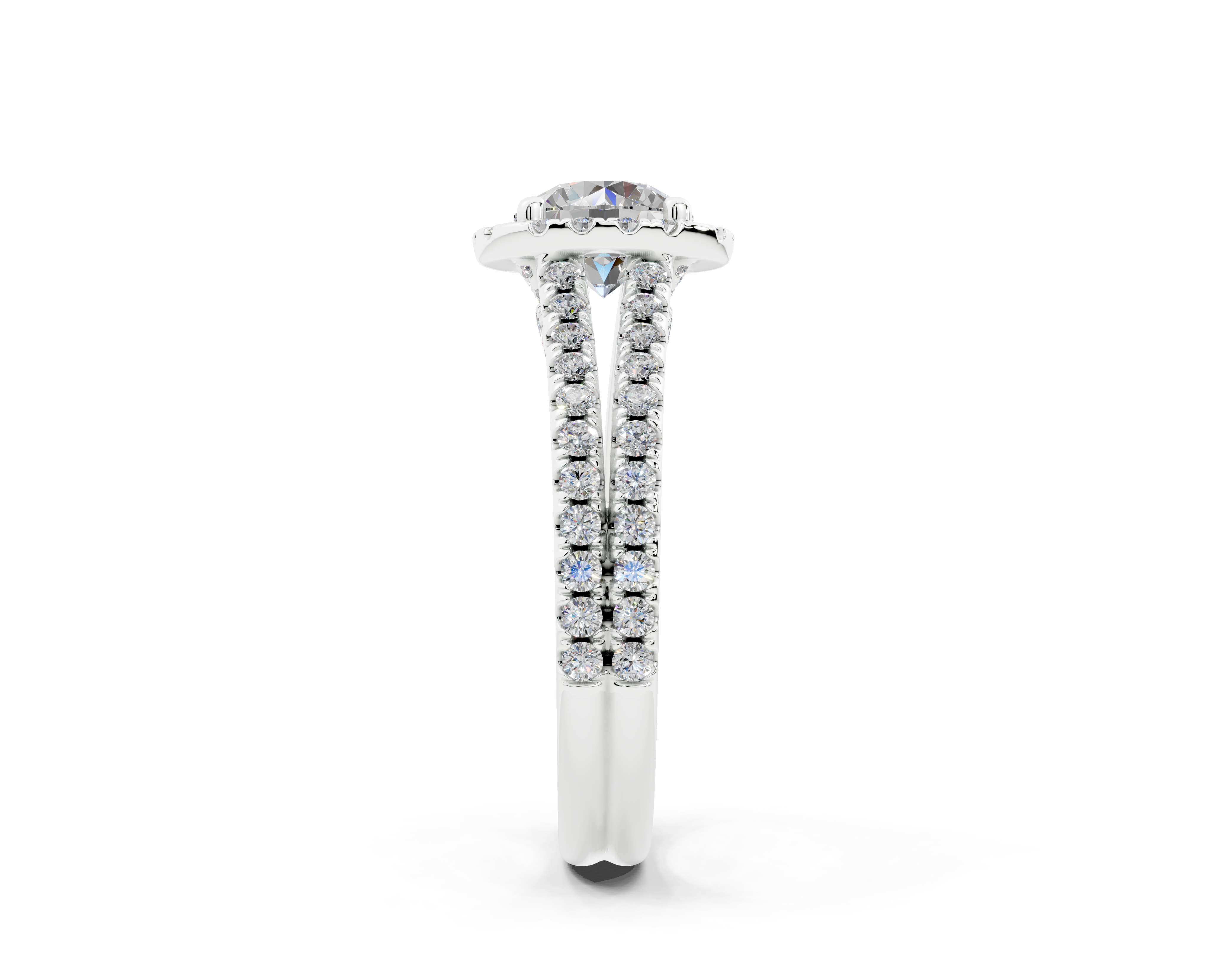 18K Gold Half Pavé Round Split Band Halo Diamond Engagement Ring 1 Carat - White Gold#Material_White Gold#