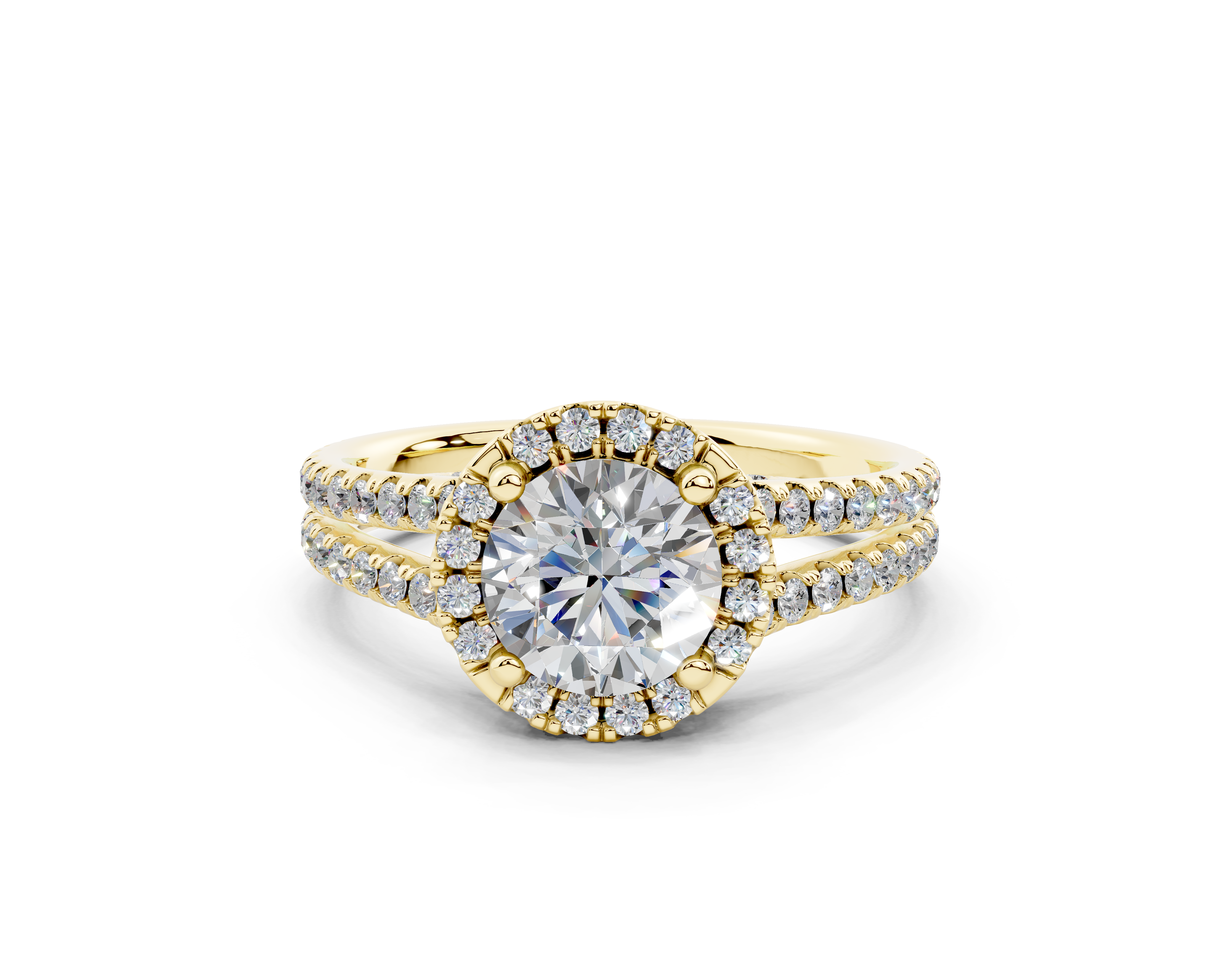 18K Gold Half Pavé Round Split Band Halo Diamond Engagement Ring 1 Carat - Yellow Gold#Material_Yellow Gold#
