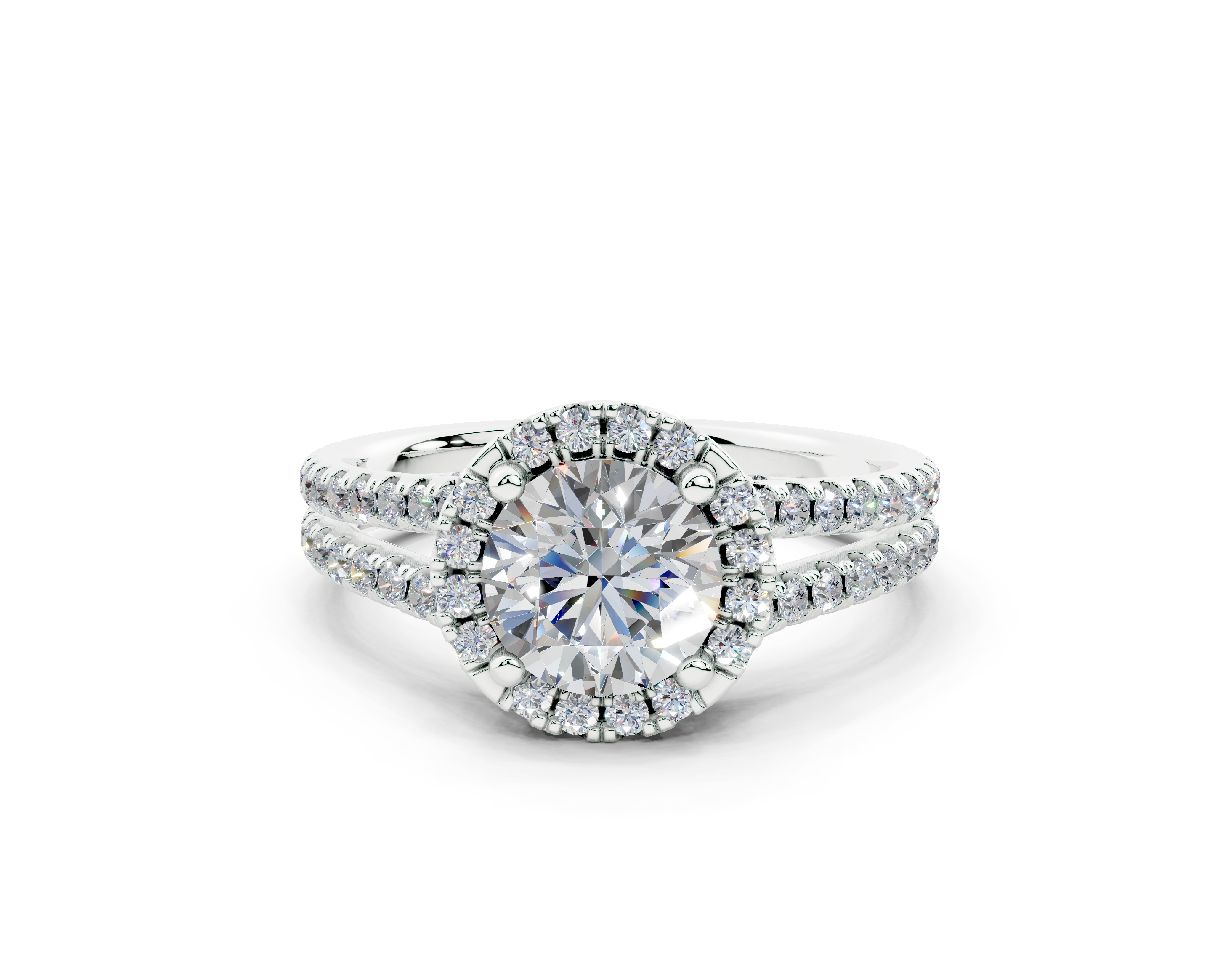 18K Gold Half Pavé Round Split Band Halo Diamond Engagement Ring 1 Carat - White Gold#Material_White Gold#