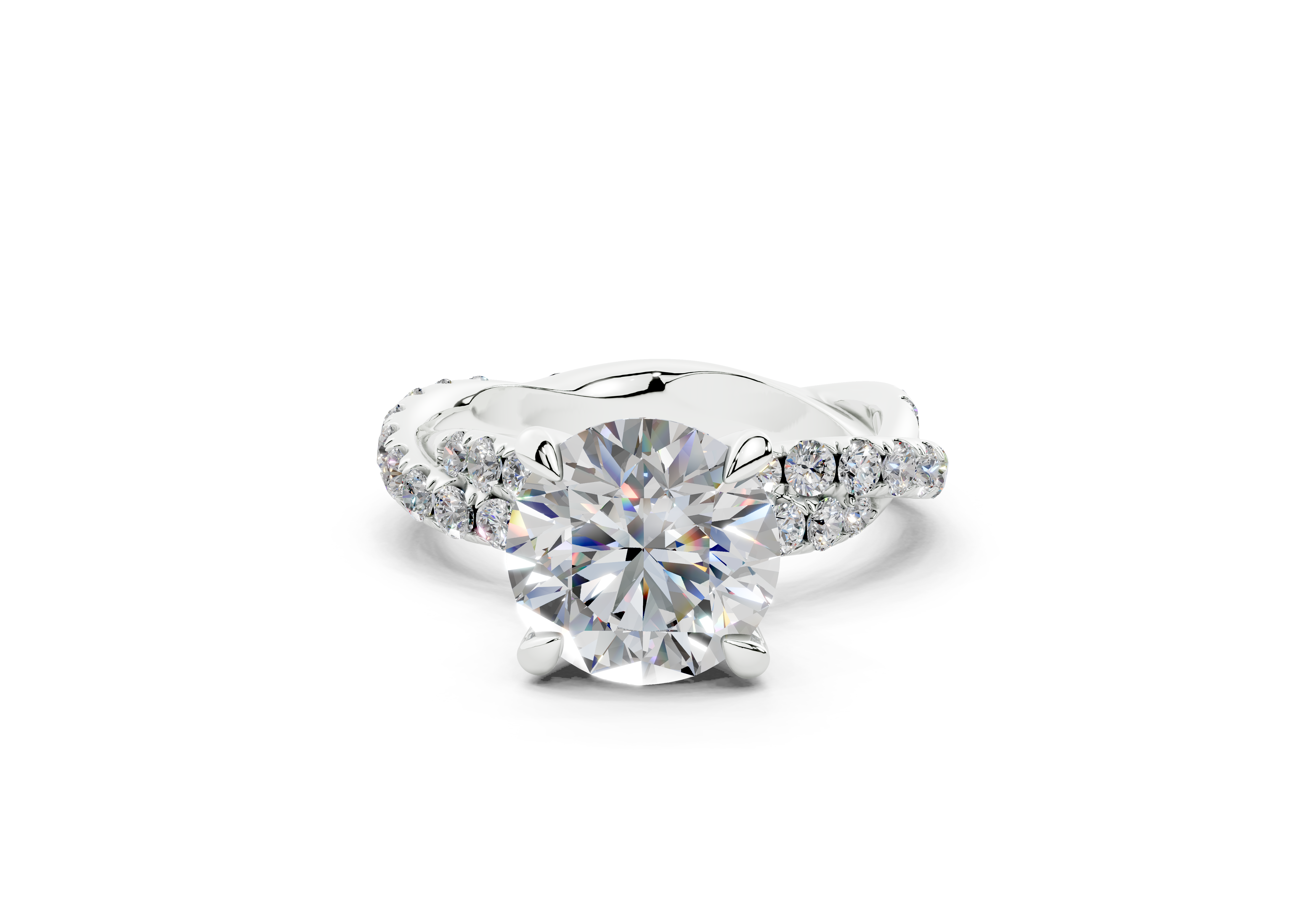 18K Gold Half Pavé Twisted Diamond Engagement Ring 2.5 Carat - White Gold#Material_White Gold#