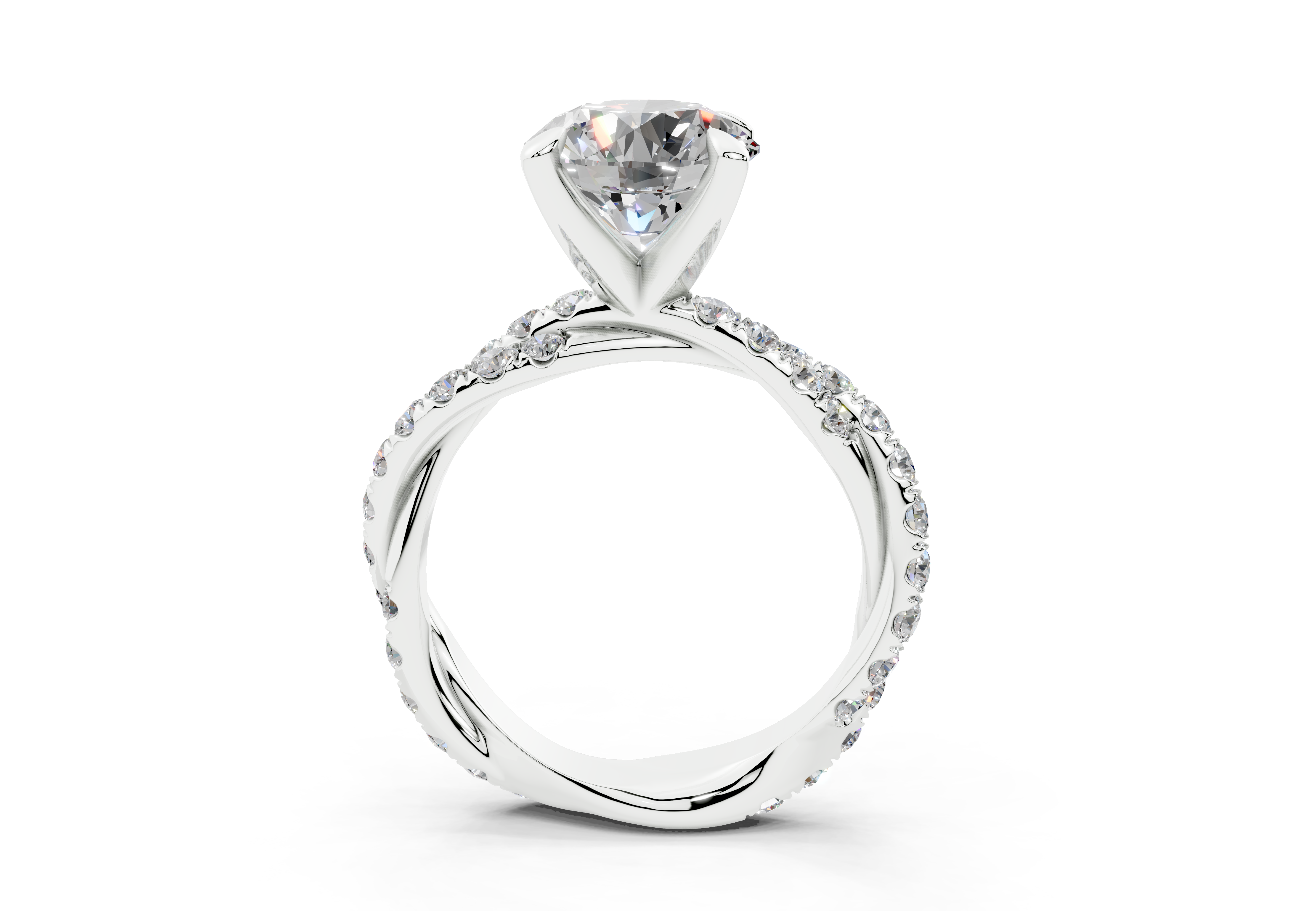 18K Gold Half Pavé Twisted Diamond Engagement Ring 2.5 Carat - White Gold#Material_White Gold#