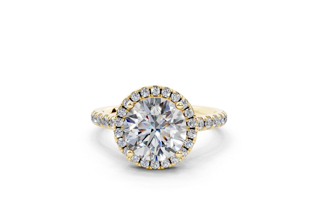 18K Gold Half Pavé Halo and Shank Diamond Engagement Ring 2 Carat - Yellow Gold#Material_Yellow Gold#