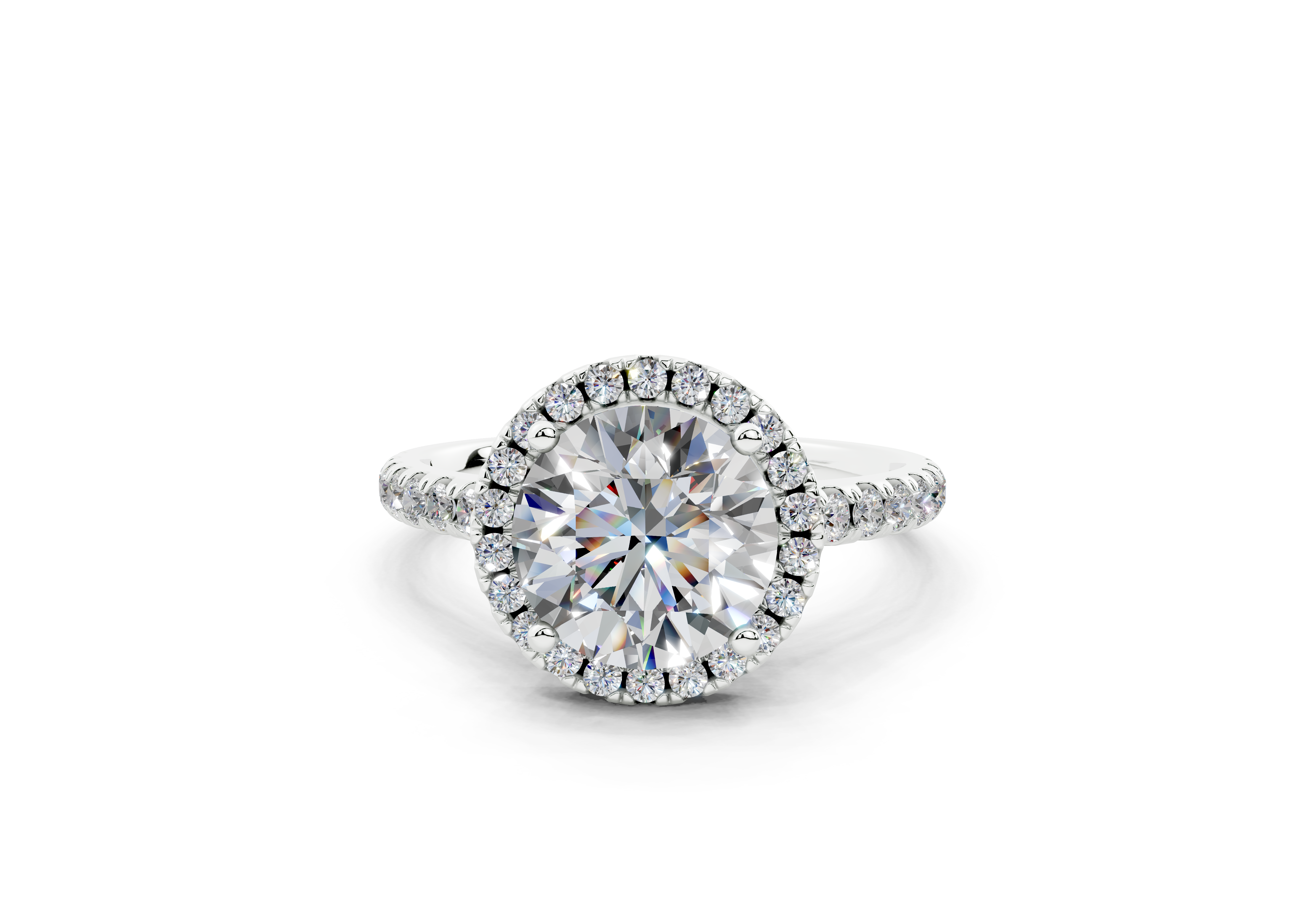 18K Gold Half Pavé Halo and Shank Diamond Engagement Ring 2 Carat - White Gold#Material_White Gold#