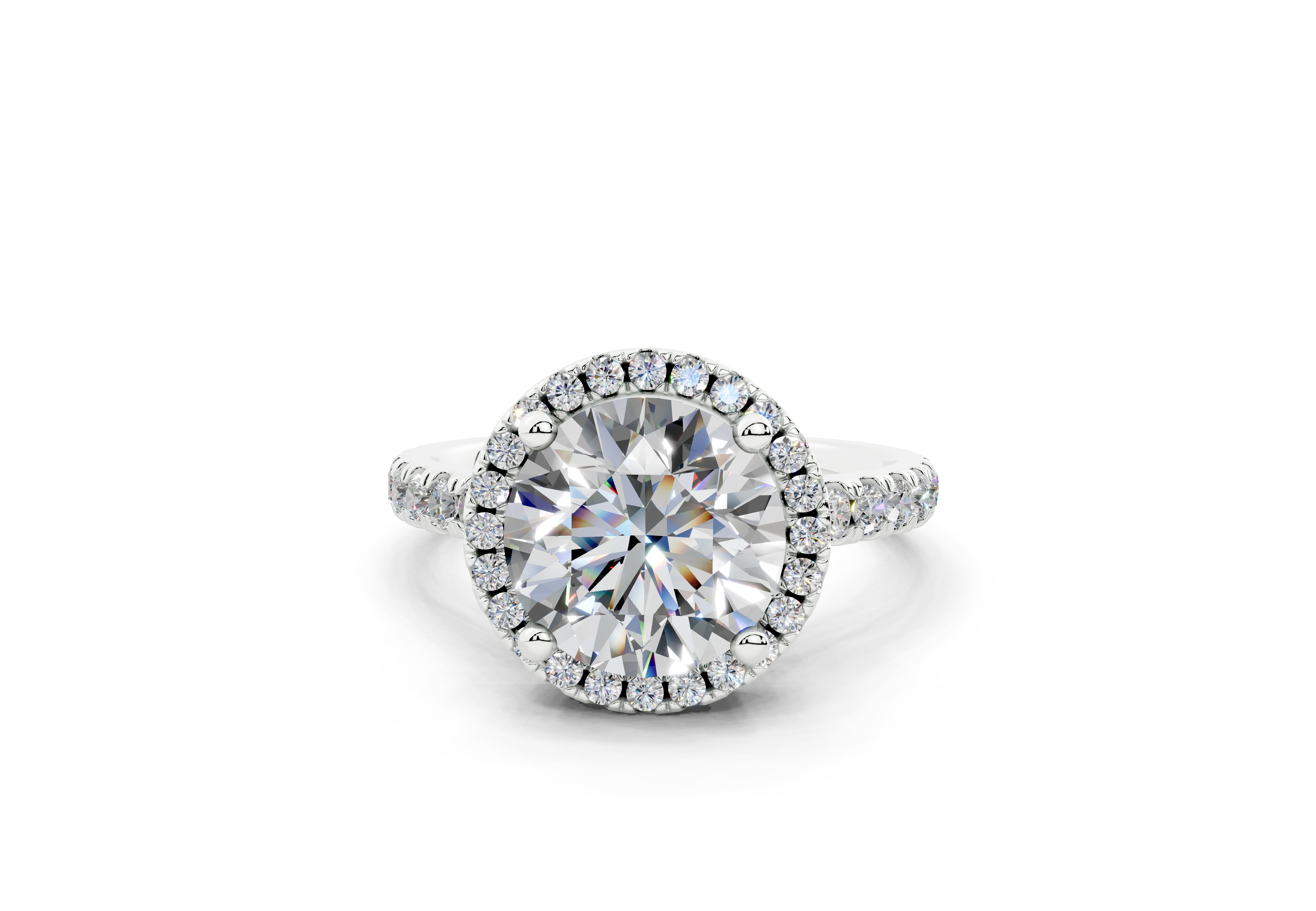 18K Gold Half Pavé Halo and Shank Diamond Engagement Ring 2.5 Carat - White Gold#Material_White Gold#