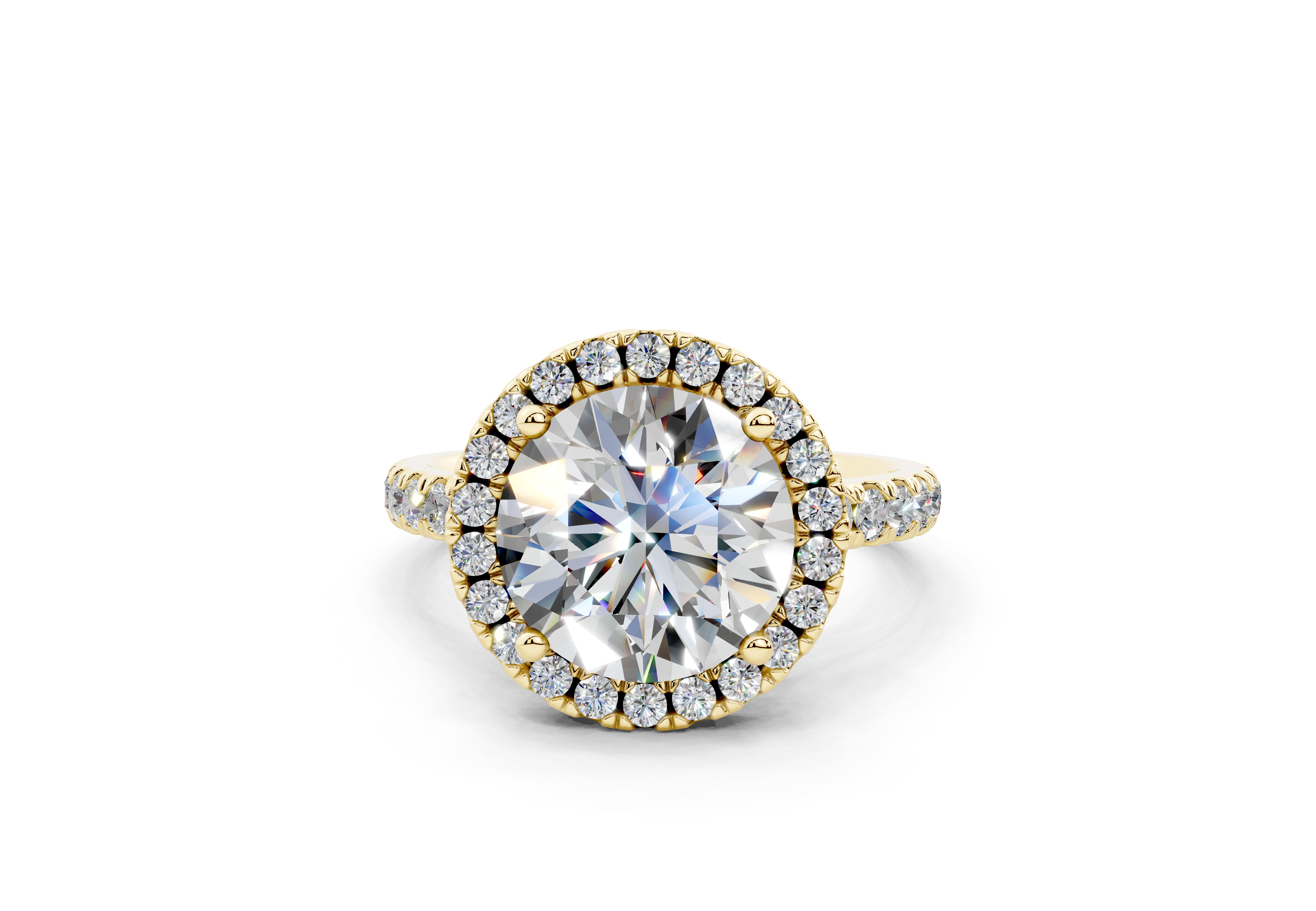 18K Gold Half Pavé Halo and Shank Diamond Engagement Ring 3 Carat - Yellow Gold#Material_Yellow Gold#