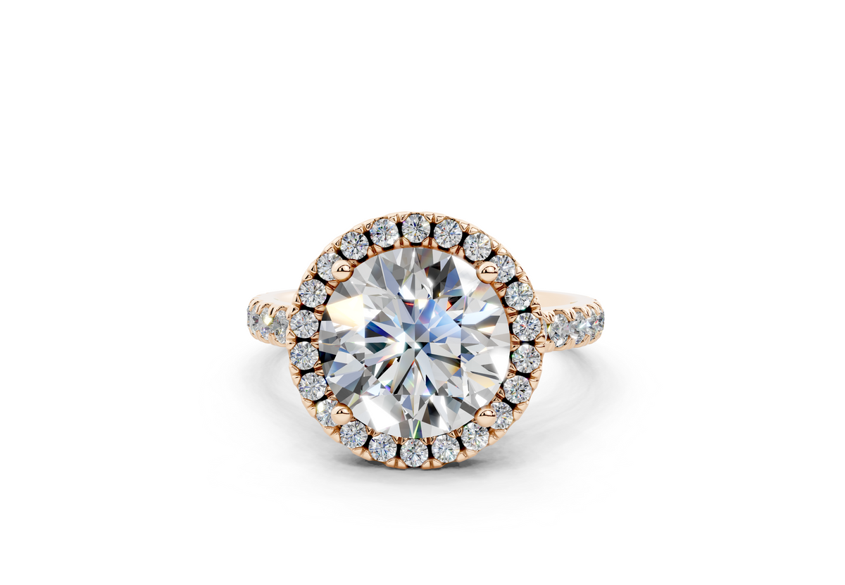 18K Gold Half Pavé Halo and Shank Diamond Engagement Ring 3 Carat - Rose Gold#Material_Rose Gold#