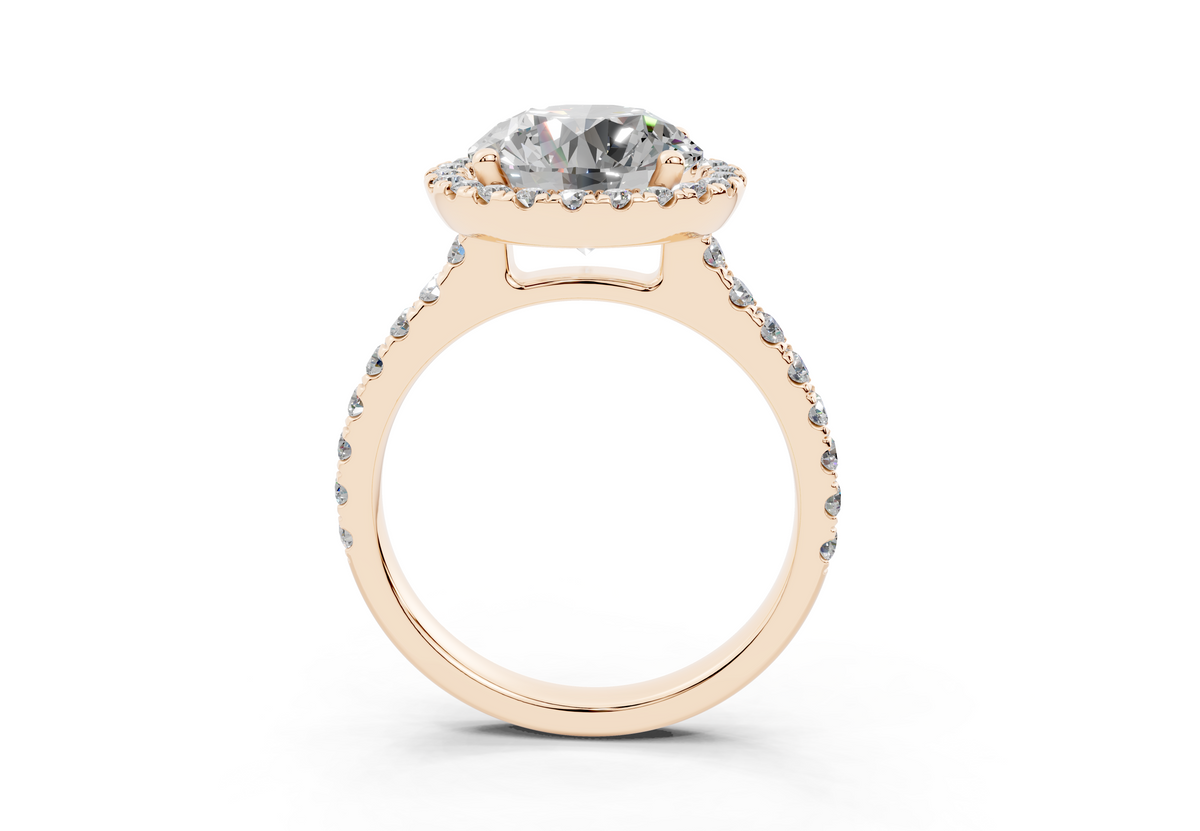 18K Gold Half Pavé Halo and Shank Diamond Engagement Ring 3 Carat - Rose Gold#Material_Rose Gold#
