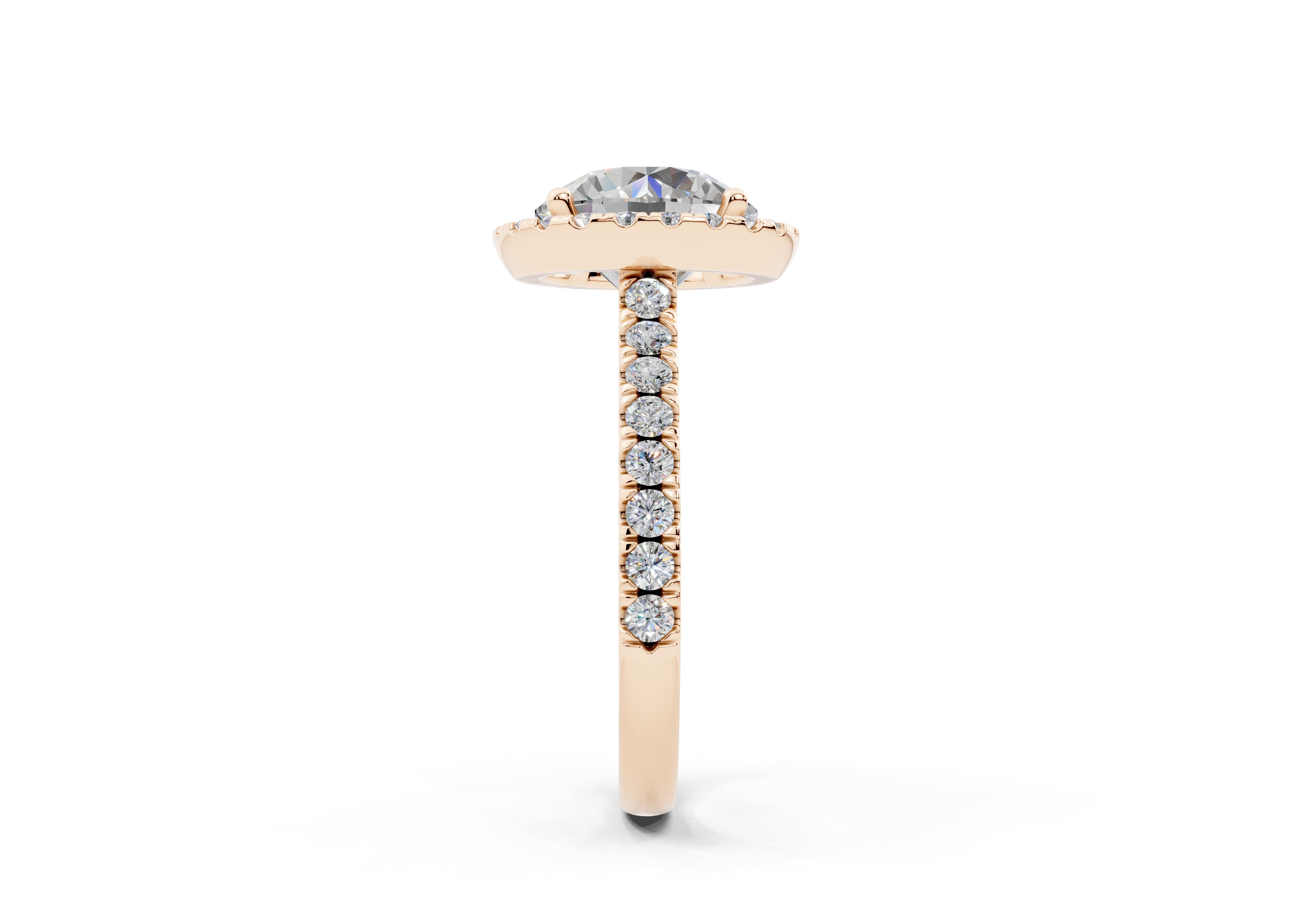 18K Gold Half Pavé Halo and Shank Diamond Engagement Ring 3 Carat - Rose Gold#Material_Rose Gold#