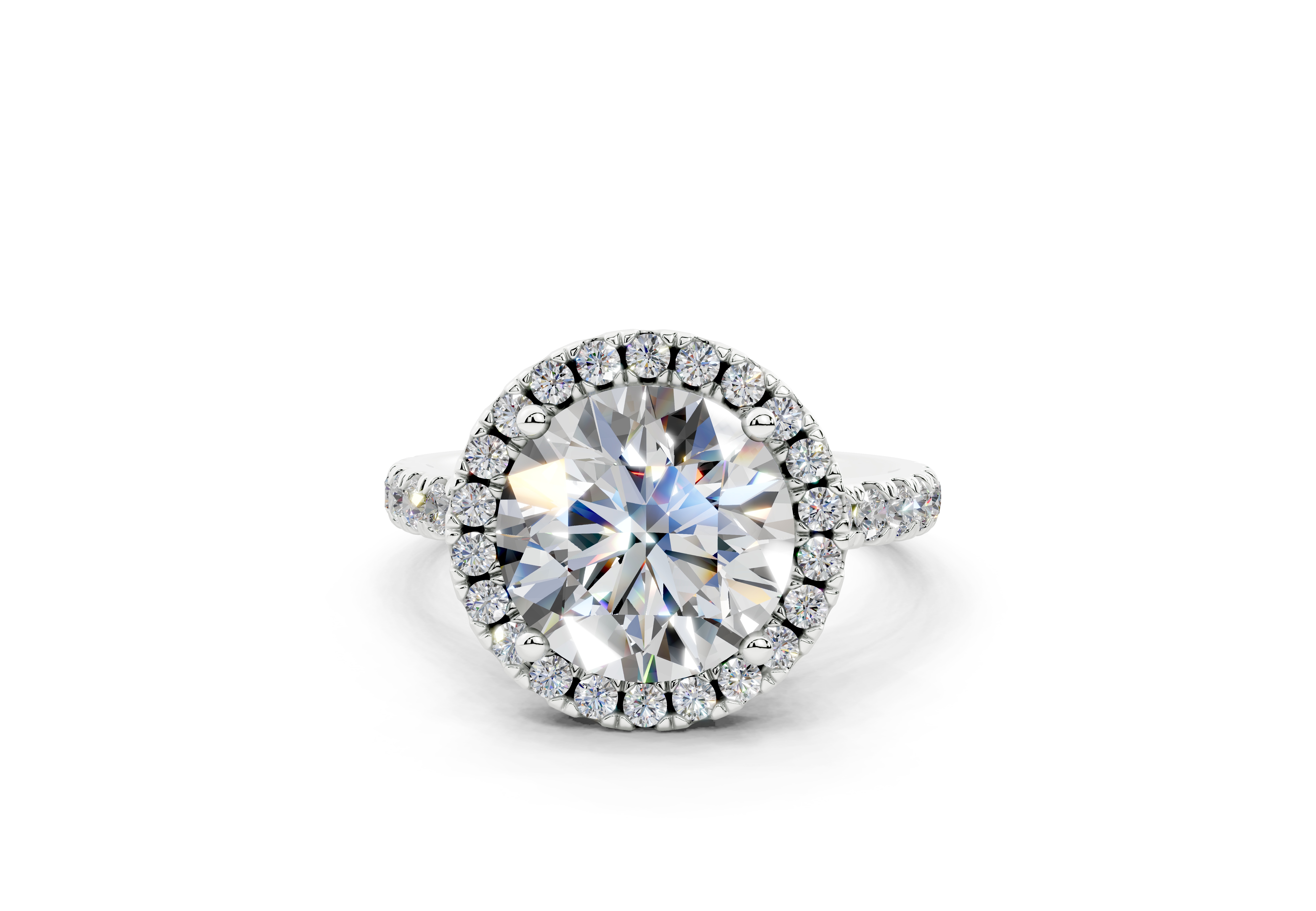 18K Gold Half Pavé Halo and Shank Diamond Engagement Ring 3 Carat - White Gold#Material_White Gold#