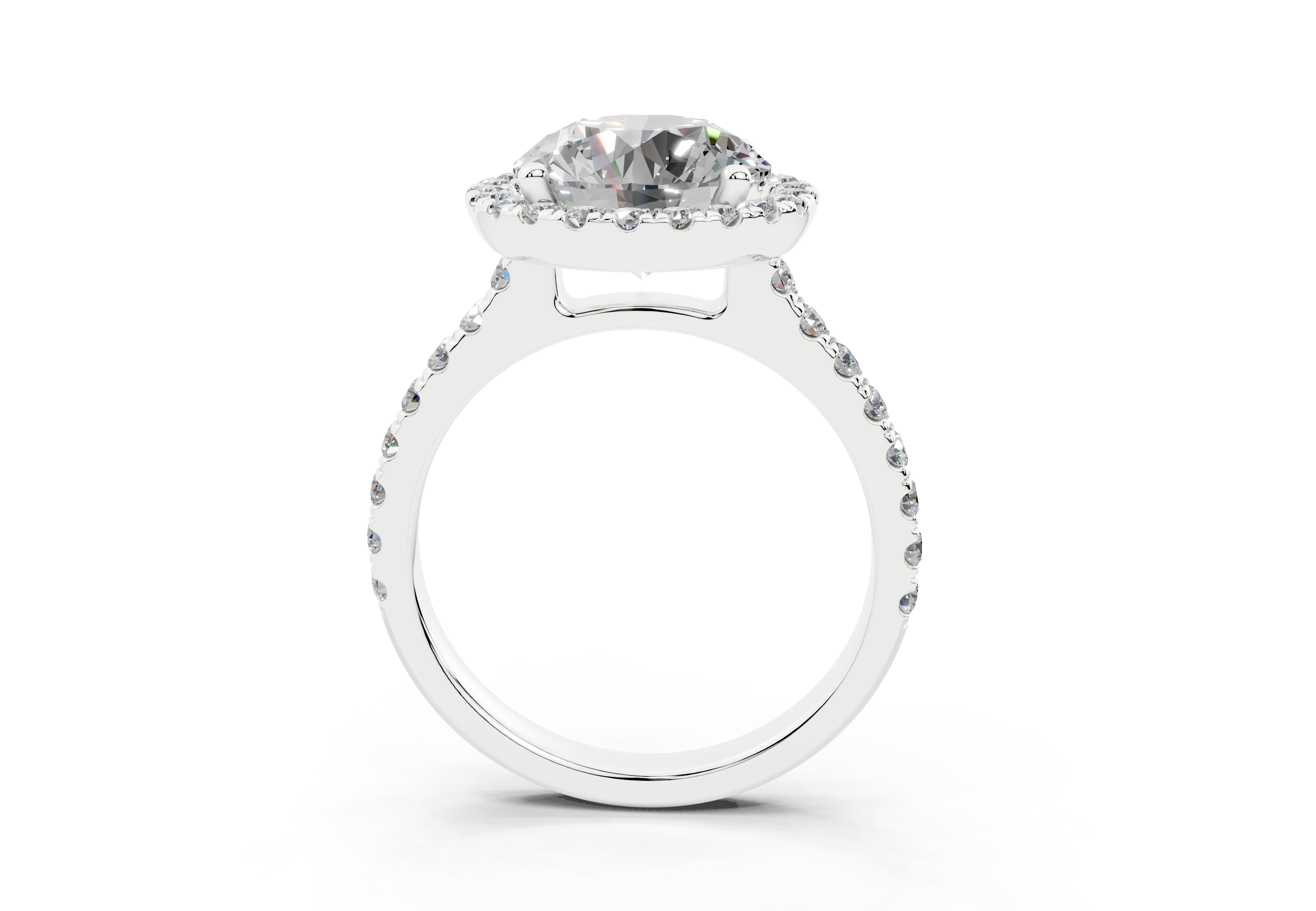 18K Gold Half Pavé Halo and Shank Diamond Engagement Ring 3 Carat - White Gold#Material_White Gold#