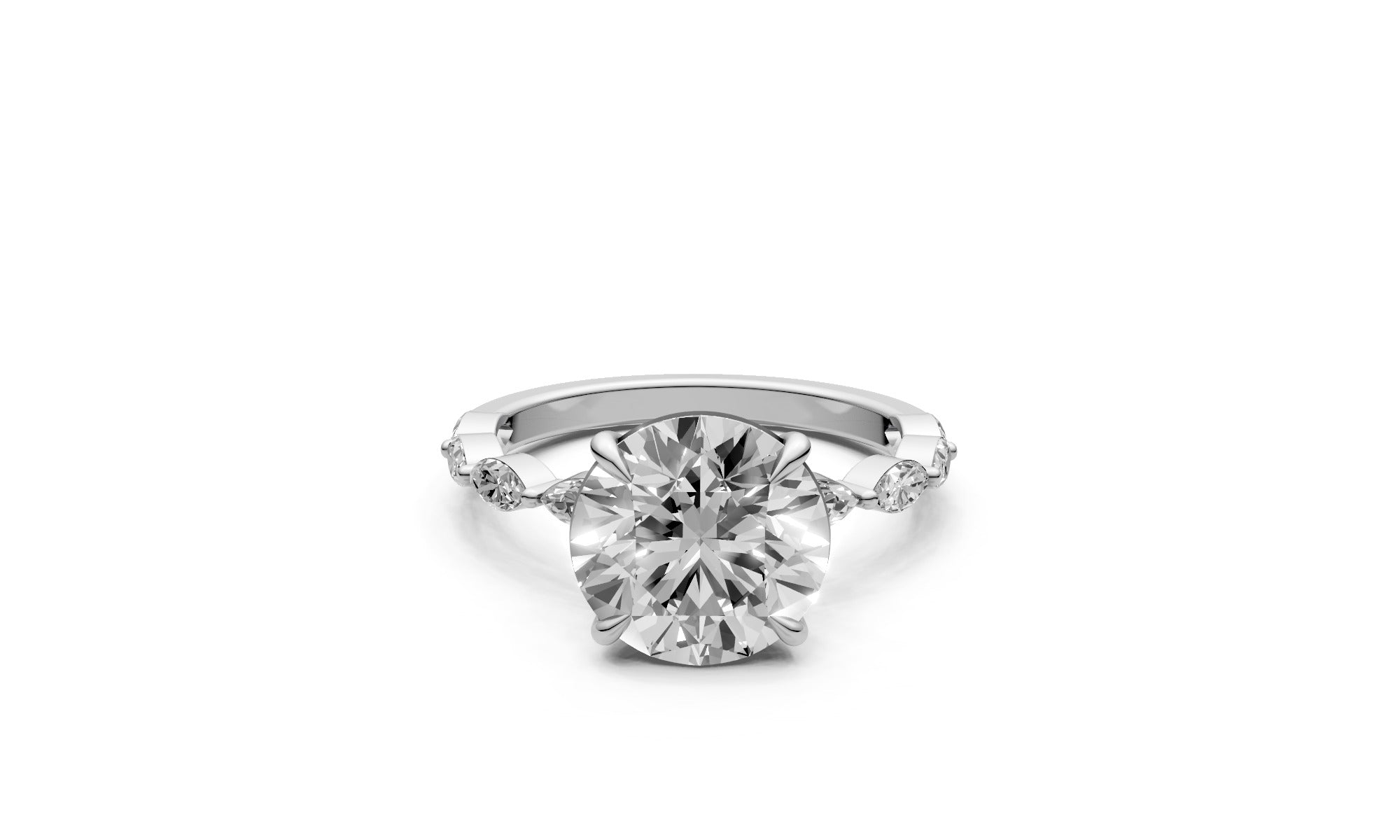 3ct Round Lab Grown Diamond Ring with Half Pavé & Marquise Sides – 18k White Gold, IGI Certified
