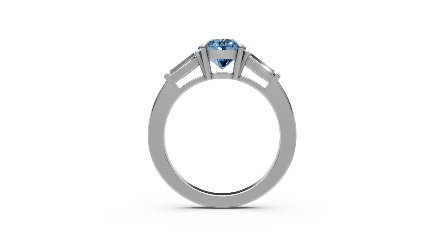 1ct Blue Round Lab Grown Diamond Ring with Tapered Baguettes – Rare Shades Collection, 18k White Gold