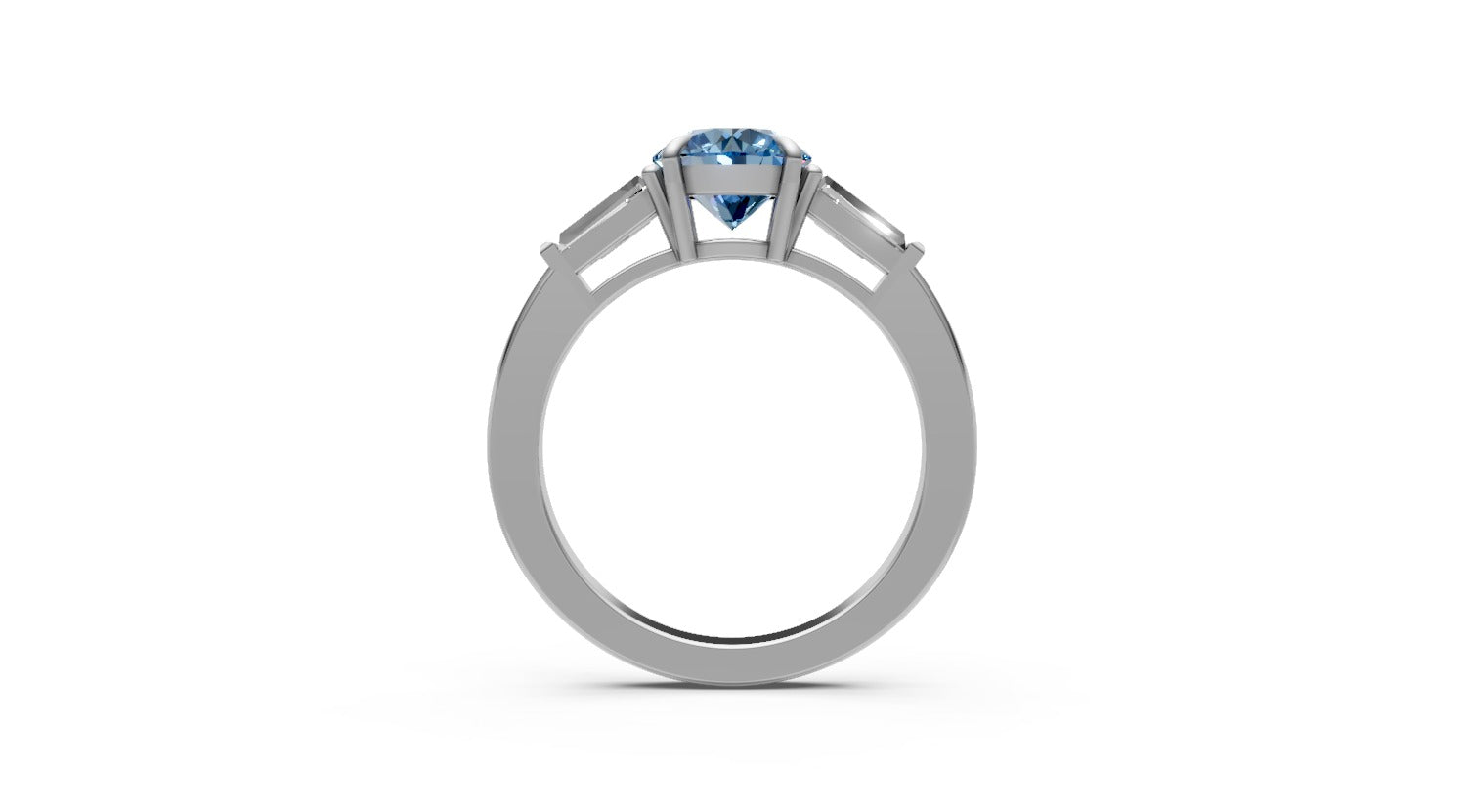 1ct Blue Round Lab Grown Diamond Ring with Tapered Baguettes – Rare Shades Collection, 18k White Gold