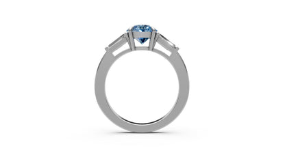 1ct Blue Round Lab Grown Diamond Ring with Tapered Baguettes – Rare Shades Collection, 18k White Gold