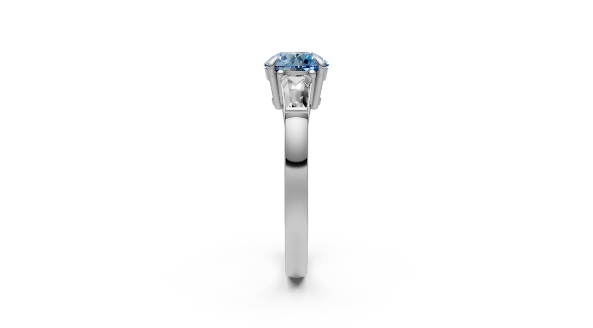1ct Blue Round Lab Grown Diamond Ring with Tapered Baguettes – Rare Shades Collection, 18k White Gold