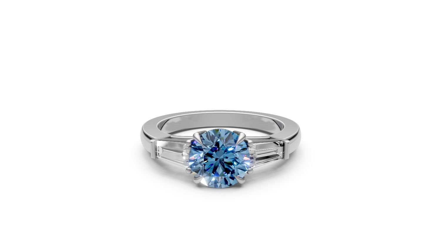 1ct Blue Round Lab Grown Diamond Ring with Tapered Baguettes – Rare Shades Collection, 18k White Gold