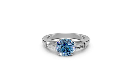1ct Blue Round Lab Grown Diamond Ring with Tapered Baguettes – Rare Shades Collection, 18k White Gold