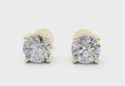 18k Gold Four Prong Brilliant Cut Lab Grown Round Diamond Stud Earrings