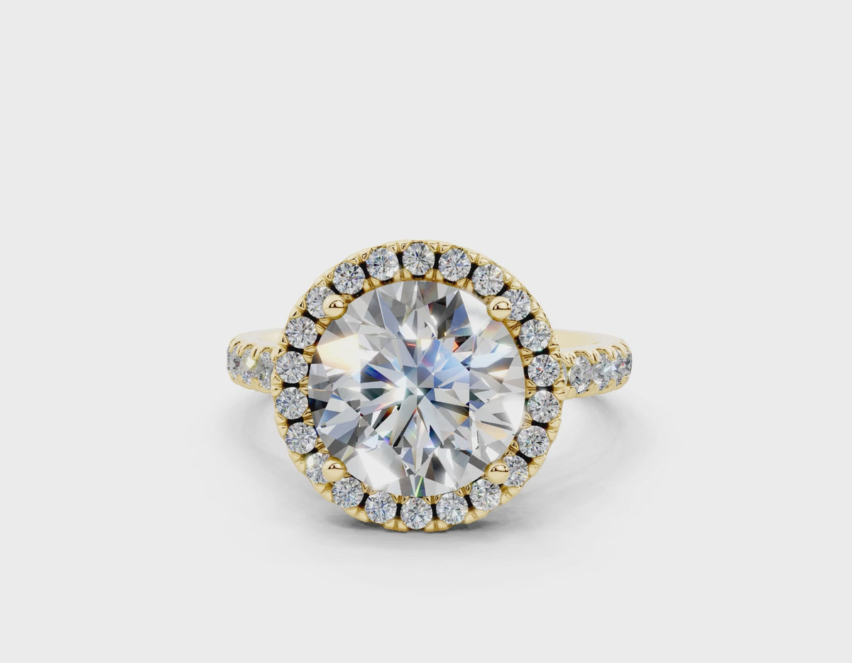 18K Gold Half Pavé Halo and Shank Diamond Engagement Ring 3 Carat - Yellow Gold#Material_Yellow Gold#