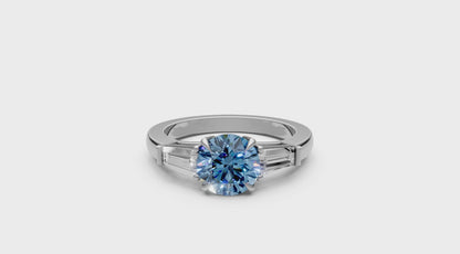 1ct Blue Round Lab Grown Diamond Ring with Tapered Baguettes – Rare Shades Collection, 18k White Gold