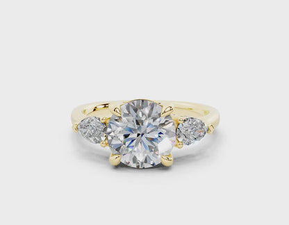 18K Gold Three Stone Pear Shaped Diamond Engagement Ring 2 Carat