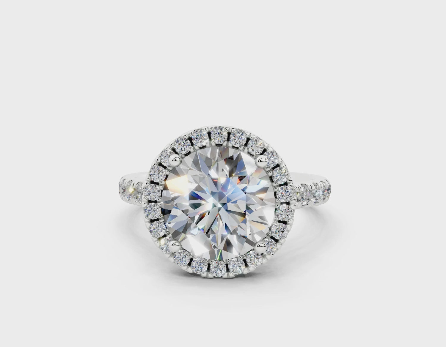 18K Gold Half Pavé Halo and Shank Diamond Engagement Ring 3 Carat - White Gold#Material_White Gold#