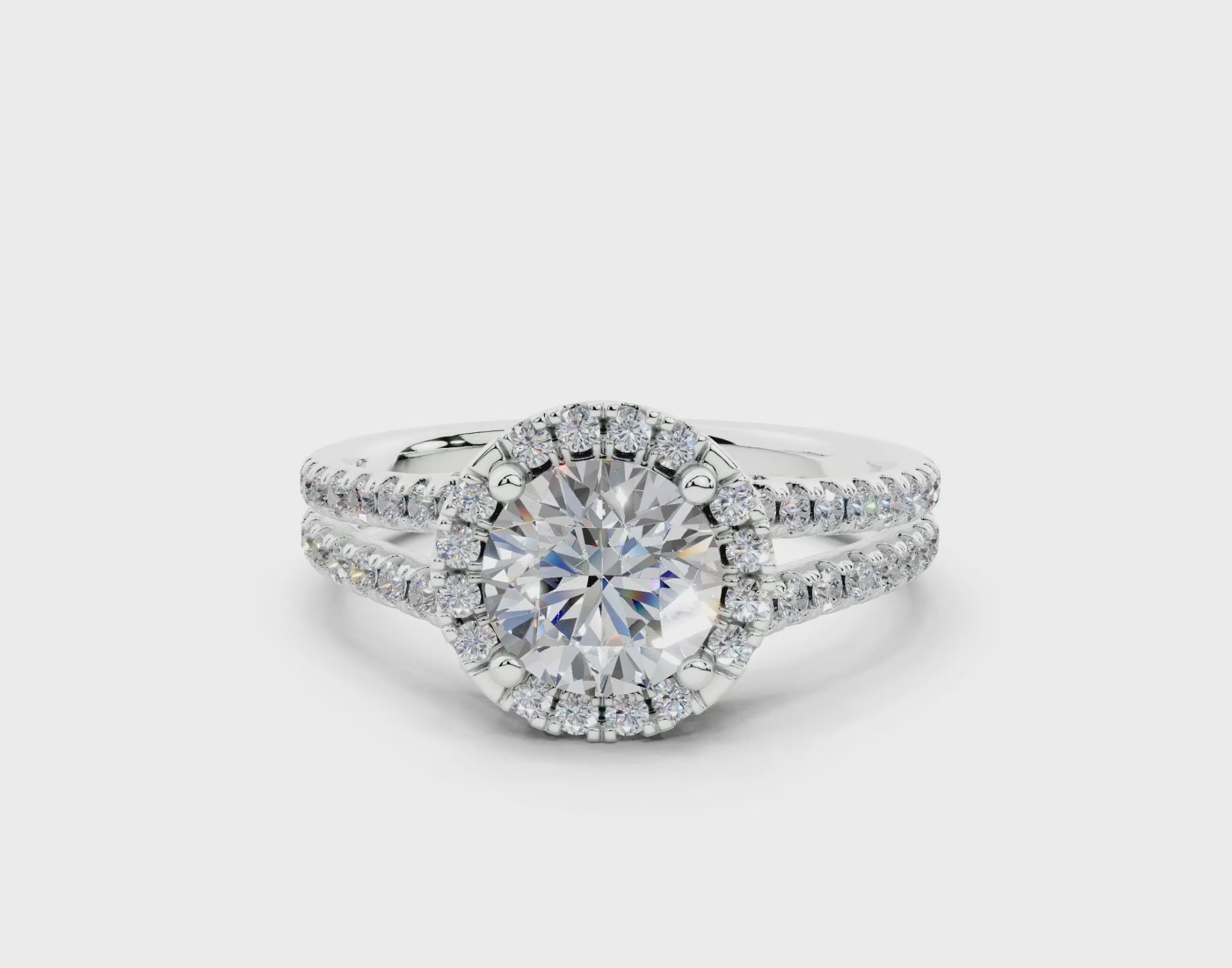 18K Gold Half Pavé Round Split Band Halo Diamond Engagement Ring 1 Carat - White Gold#Material_White Gold#