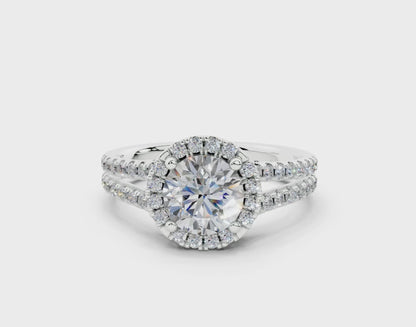 18K Gold Half Pavé Round Split Band Halo Diamond Engagement Ring 1 Carat