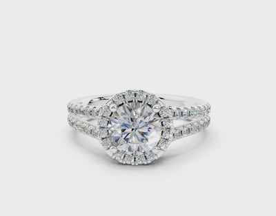 18K Gold Half Pavé Round Split Band Halo Diamond Engagement Ring 1 Carat - White Gold#Material_White Gold#