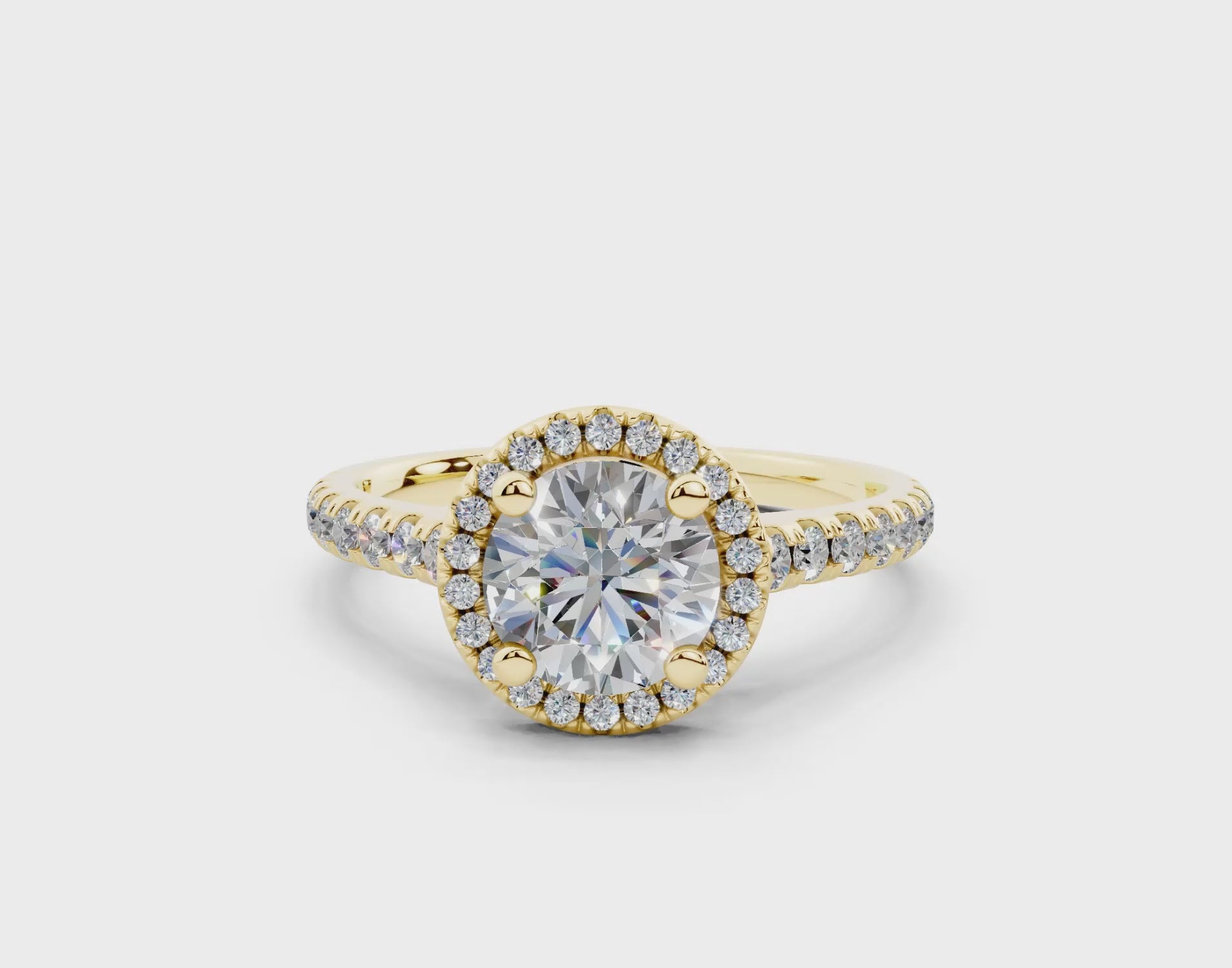18K Gold Half Pavé Halo and Shank Diamond Engagement Ring 1 Carat - Yellow Gold#Material_Yellow Gold#