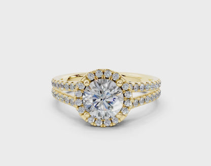 18K Gold Half Pavé Round Split Band Halo Diamond Engagement Ring 1 Carat