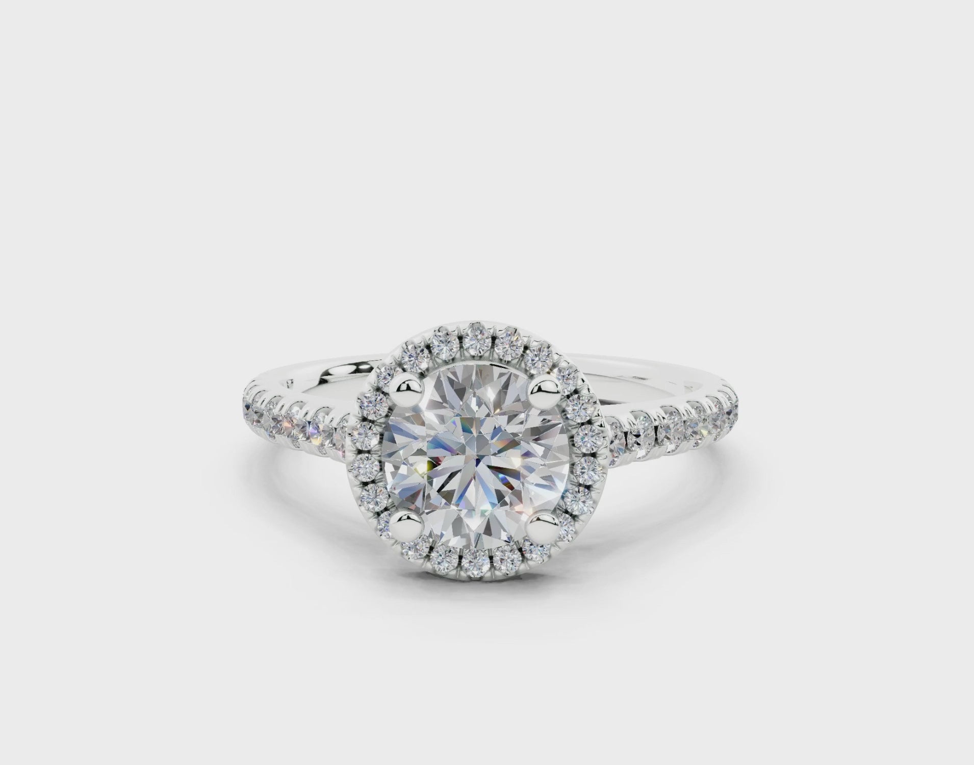 18K Gold Half Pavé Halo and Shank Diamond Engagement Ring 1 Carat - White Gold#Material_White Gold#