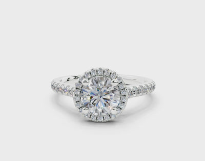 18K Gold Half Pavé Halo and Shank Diamond Engagement Ring 1 Carat - White Gold#Material_White Gold#