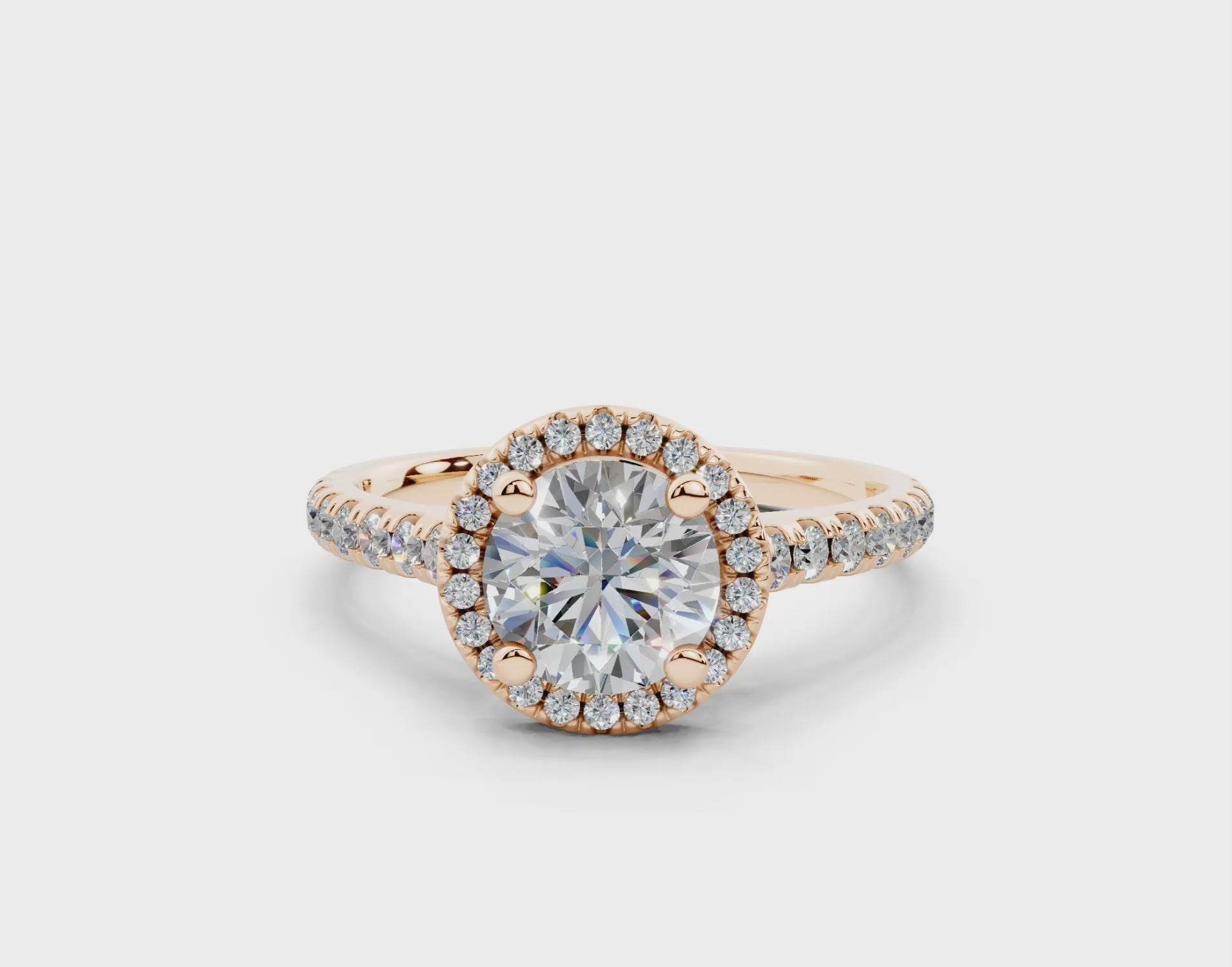 18K Gold Half Pavé Halo and Shank Diamond Engagement Ring 1 Carat - Rose Gold#Material_Rose Gold#